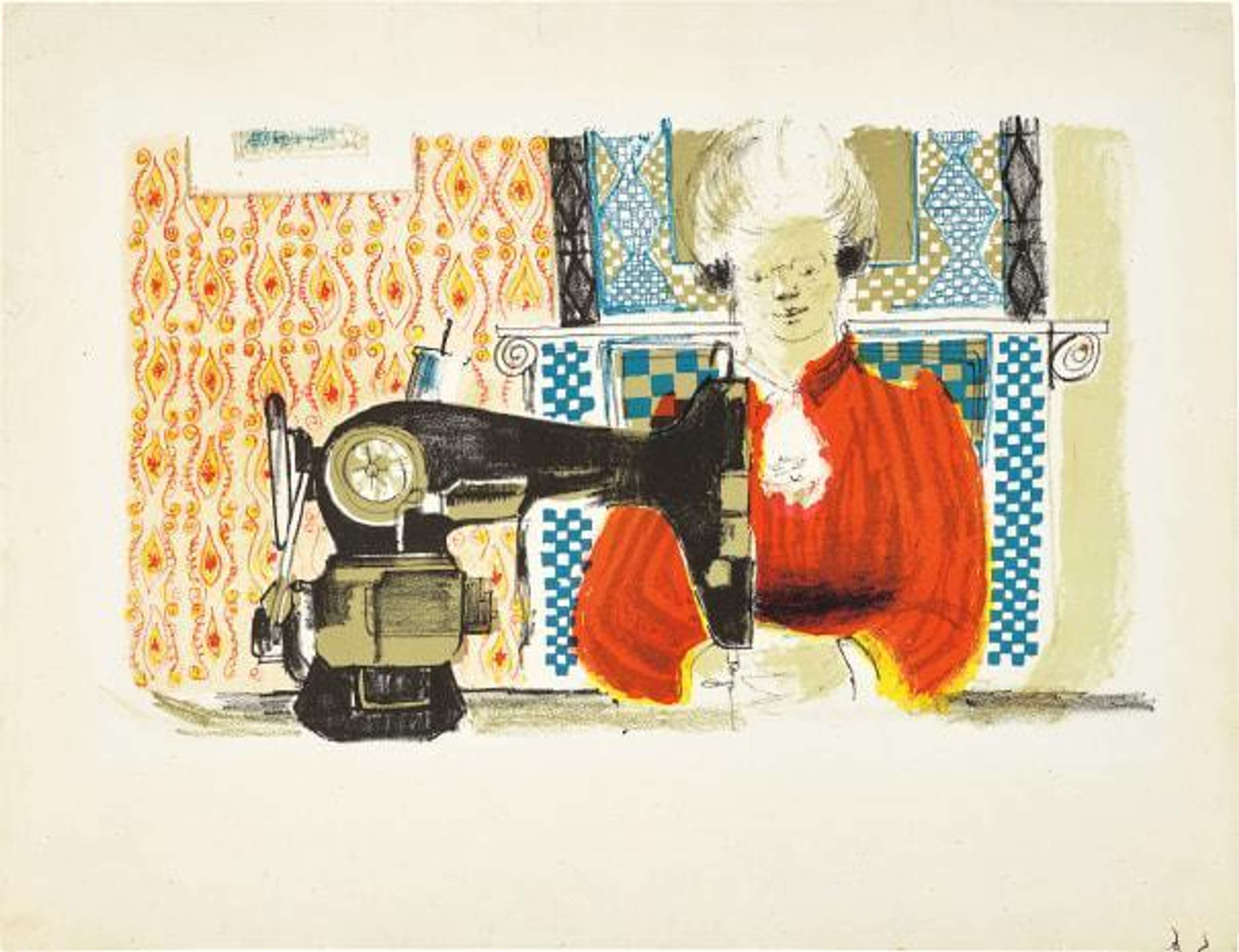 Lithograph by David Hockney, “Woman With A Sewing Machine”: woman in red behind a black sewing machine in a patterned interior.