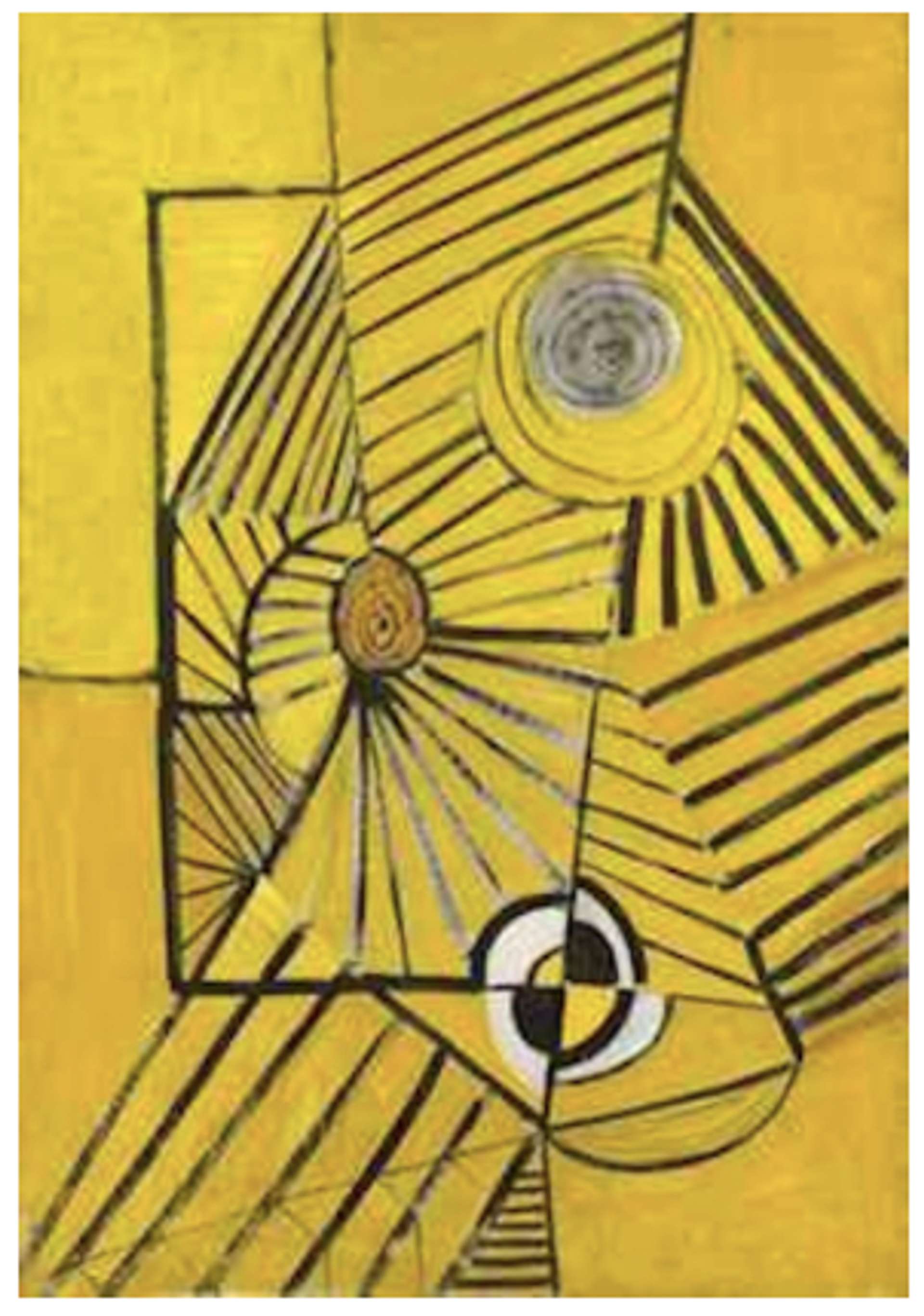  A light yellow canvas embellished with slender black lines, creating overlapping geometric shapes adorned with vertical and horizontal patterns. Each discernible shape in the composition is accompanied by a filled-in circle at its centre, showcasing intricate designs.