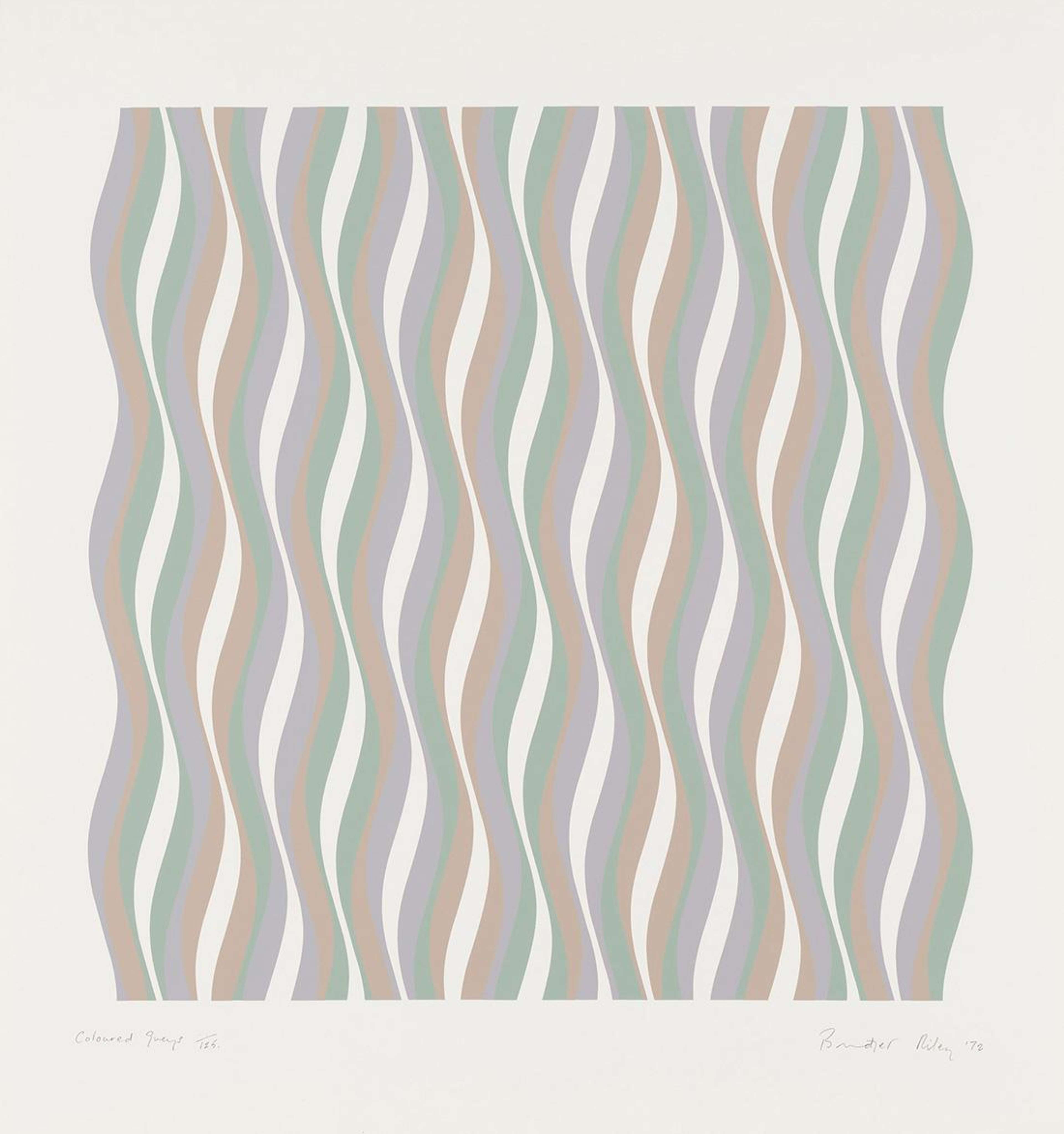 A screenprint by Bridget Riley formed of wavy lines in various hues of grey, extending vertically up the composition.