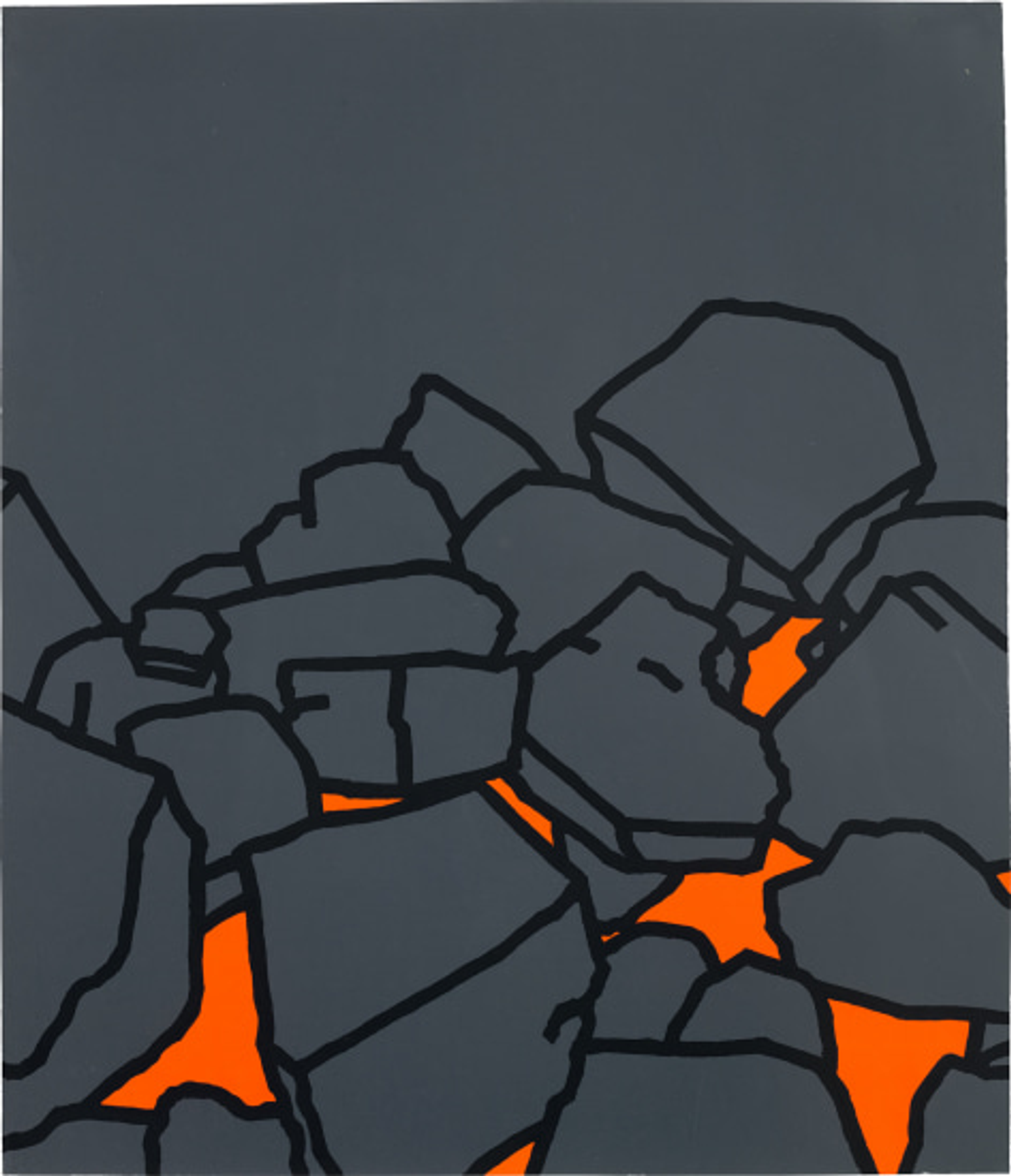 Closeup cropped image of stylised black coal pieces outlined with black lines on a black background, with vibrant orange hues symbolising fire emerging.