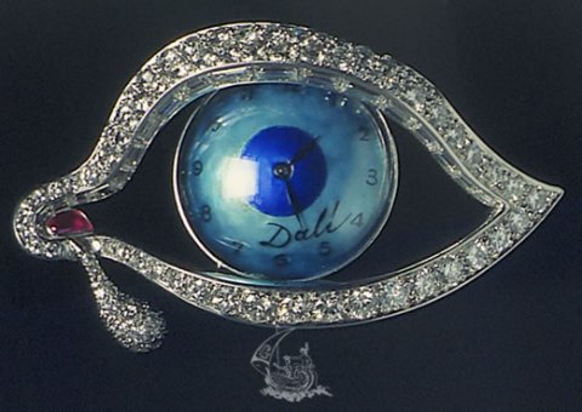 Salvador Dalí ‘s The Eye of Time. A watch in the style of a blue eye, surrounded by a diamond outline 