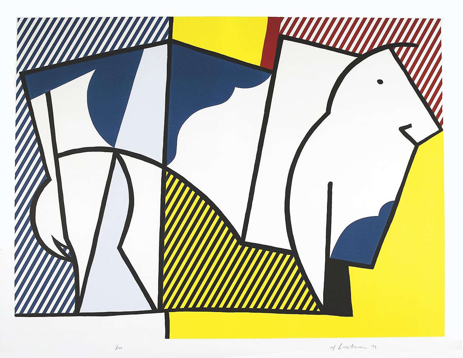 An image of the print Bull III by Roy Lichtenstein, showing a simplified bull, depicted in thick lines. The print appears segmented in a cubist style, and is rendered in primary colours.