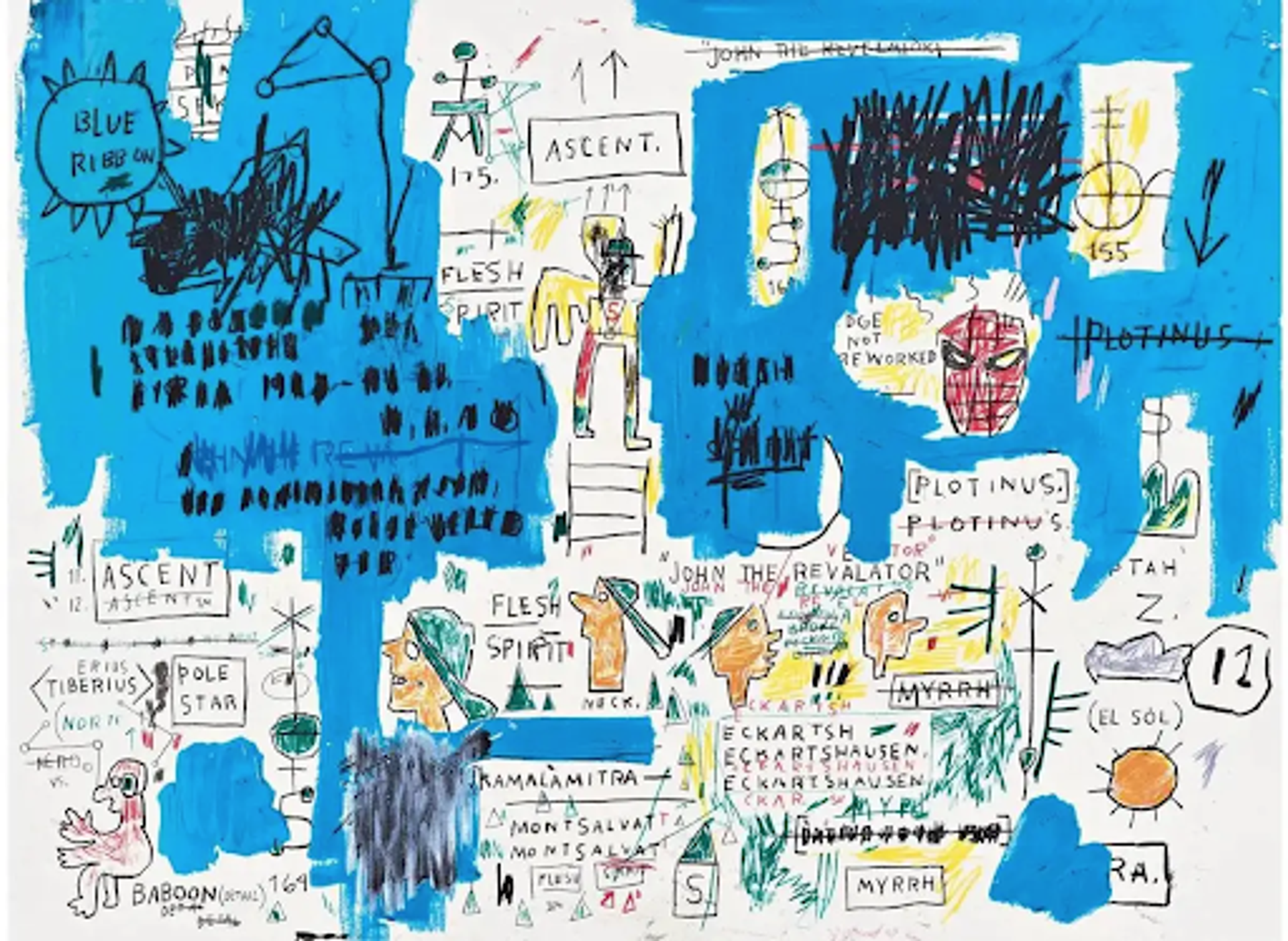 Jean-Michel Basquiat’s Ascent. A Neo Expressionist screenprint of abstract symbols and religious figures and texts across a white and blue background.