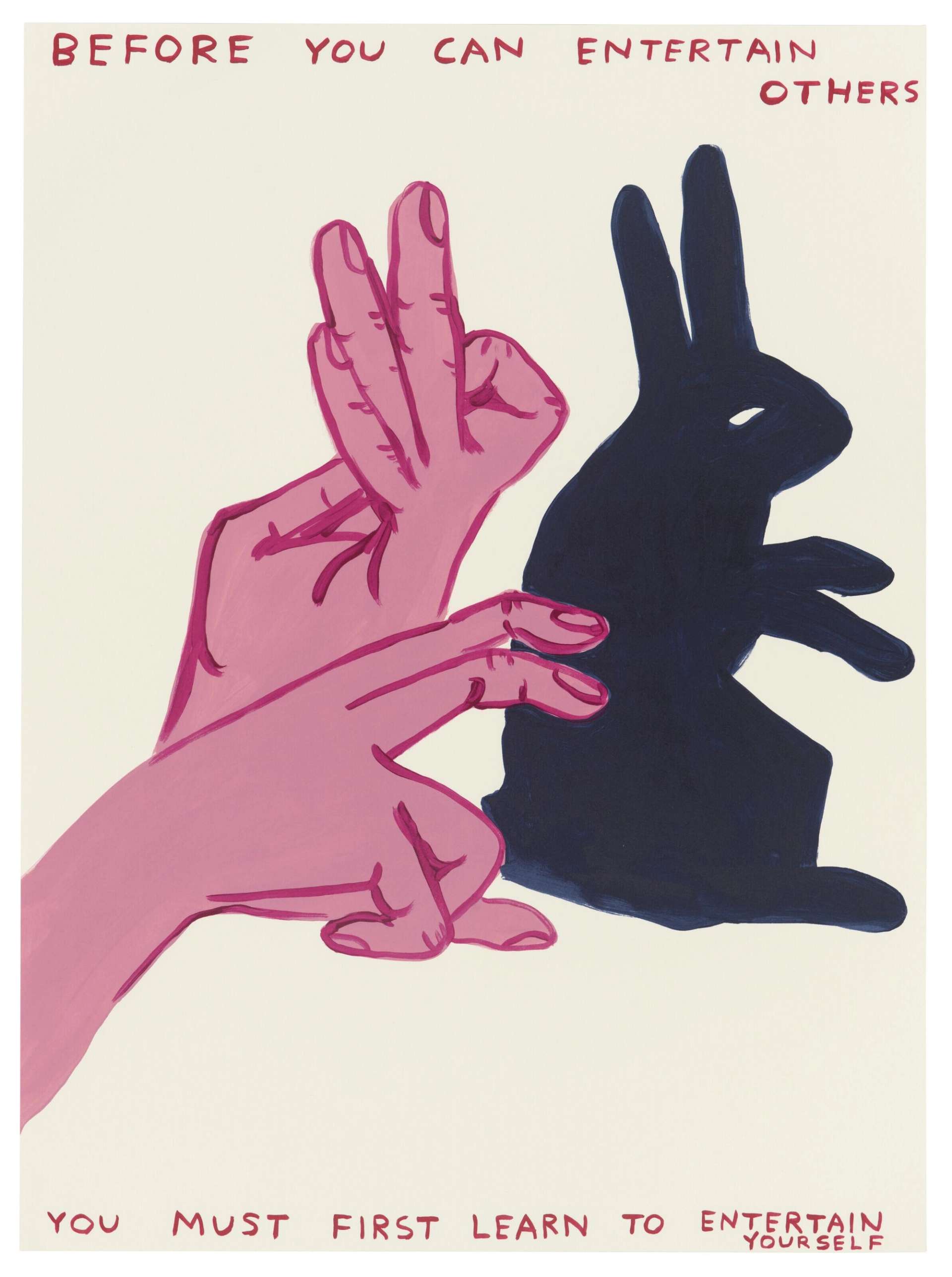 This work shows a pair of pink hands fodling themselves to create the shape of a rabbit in shadows. The title is scribbled in red on the borders.