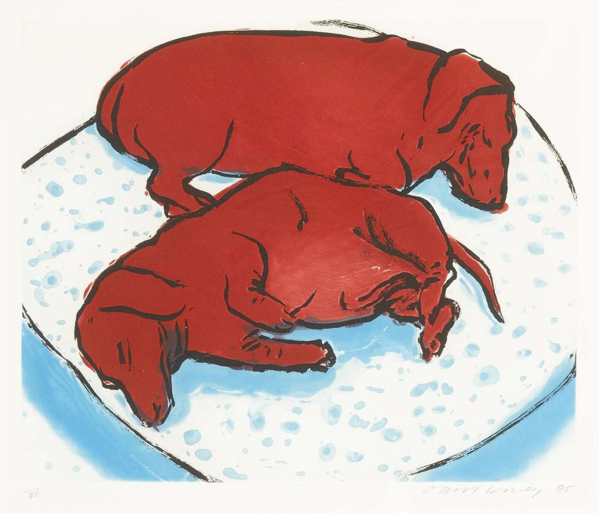 An intaglio print by David Hockney depicting the artist's two dachshunds, Stanley and Boodgie, in red against a pale blue and white background