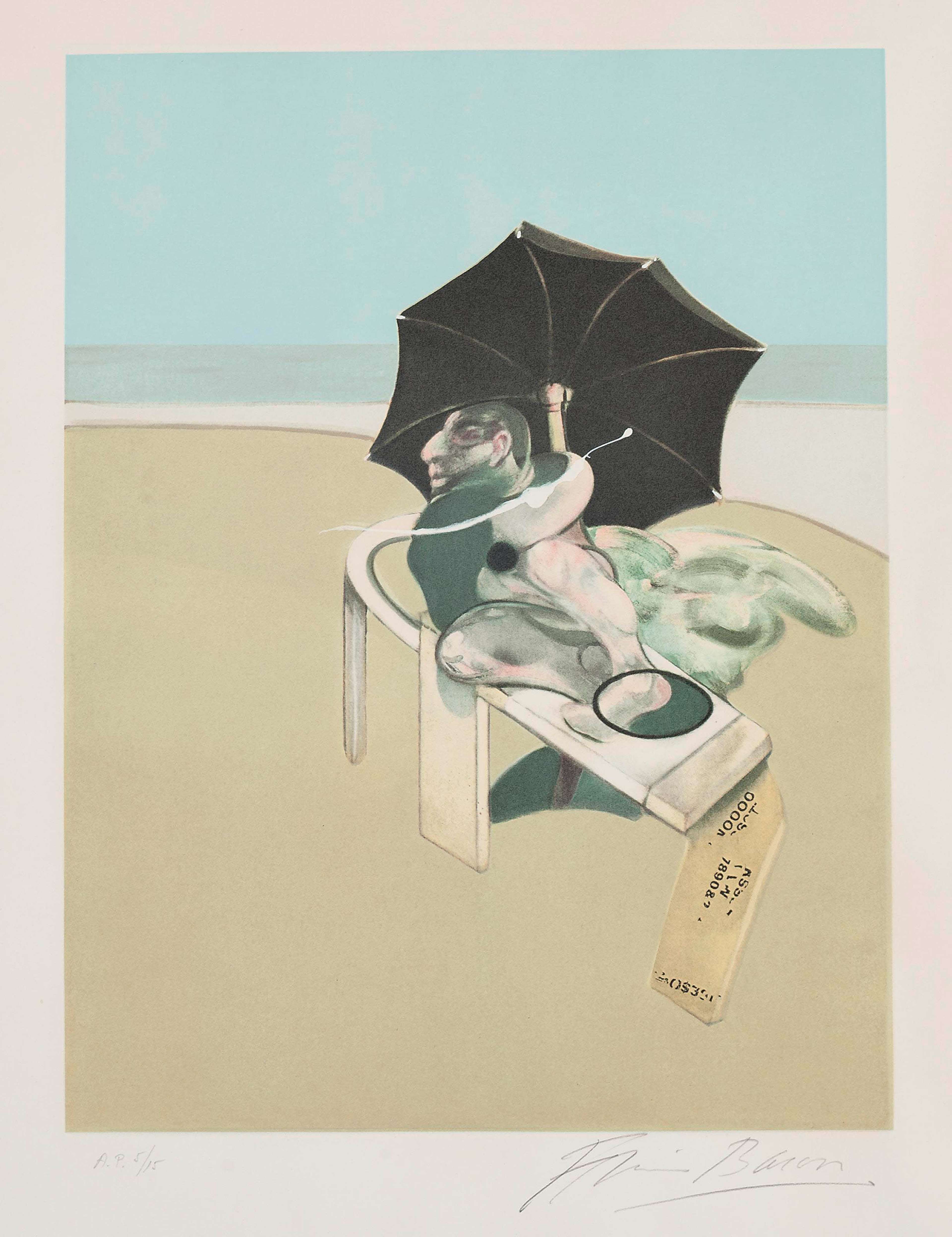 Abstract figure holding an umbrella sits on the beach