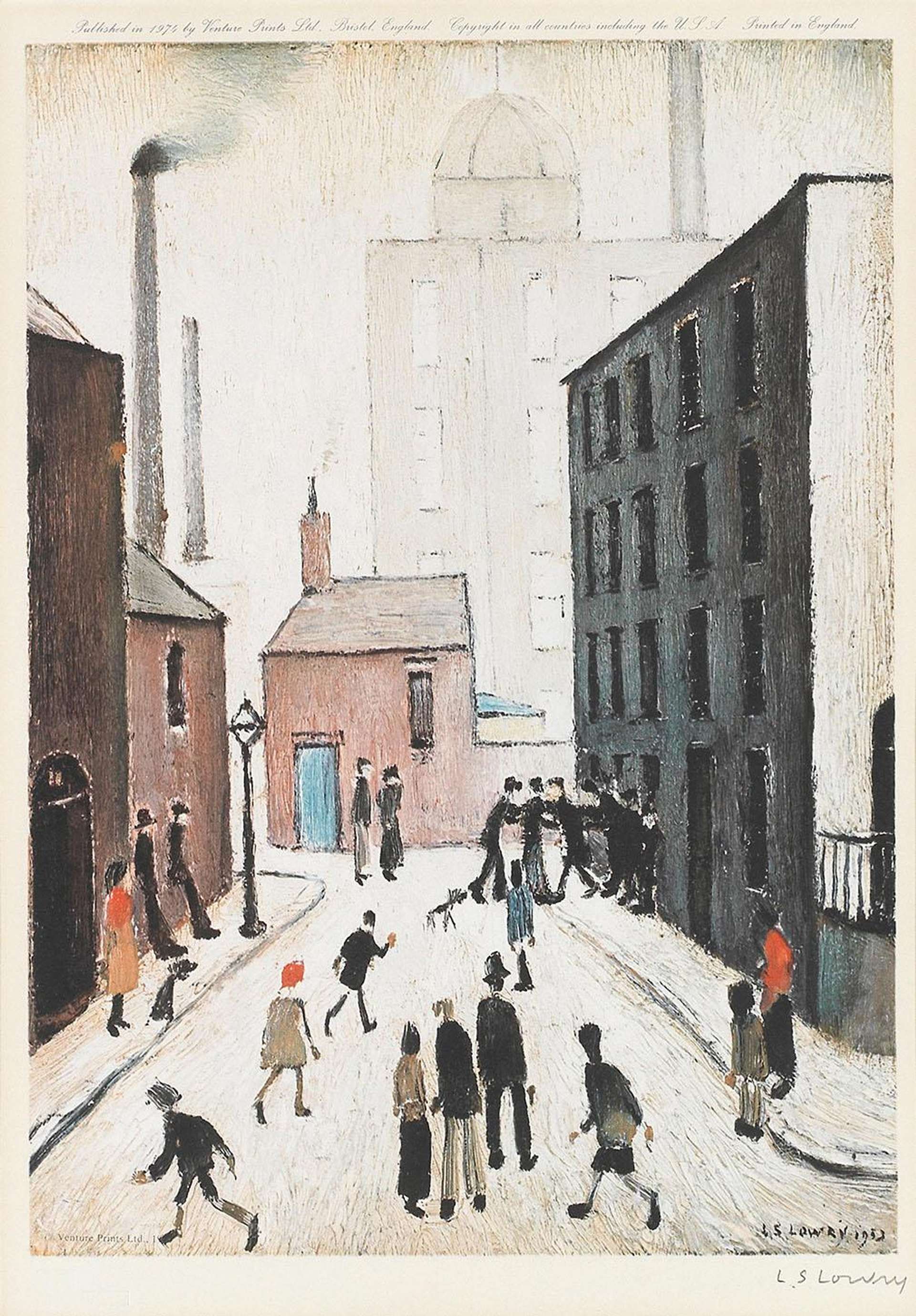 L.S. Lowry’s Industrial Scene. A view of a town street with locals standing in the street and around buildings