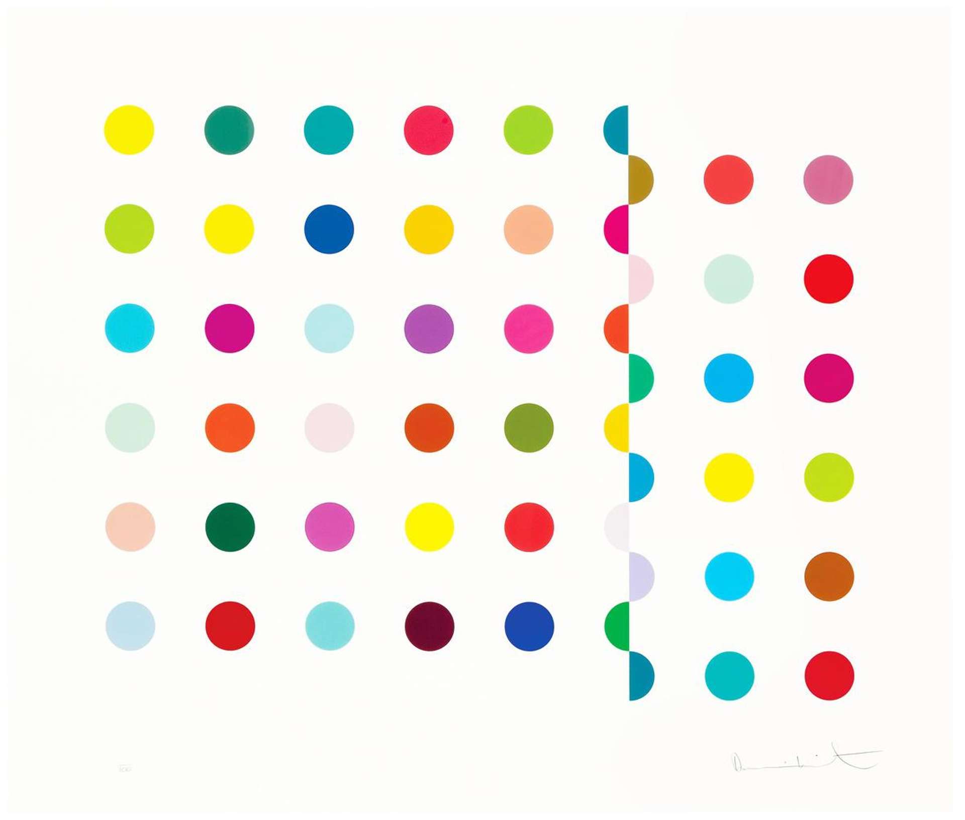 An image of the artwork Lactoylglutathione by Damien Hirst. It consists of several orderly rows of colourful dots, with only one of the rows mismatched. This gives the impression of a collage of dot paintings.