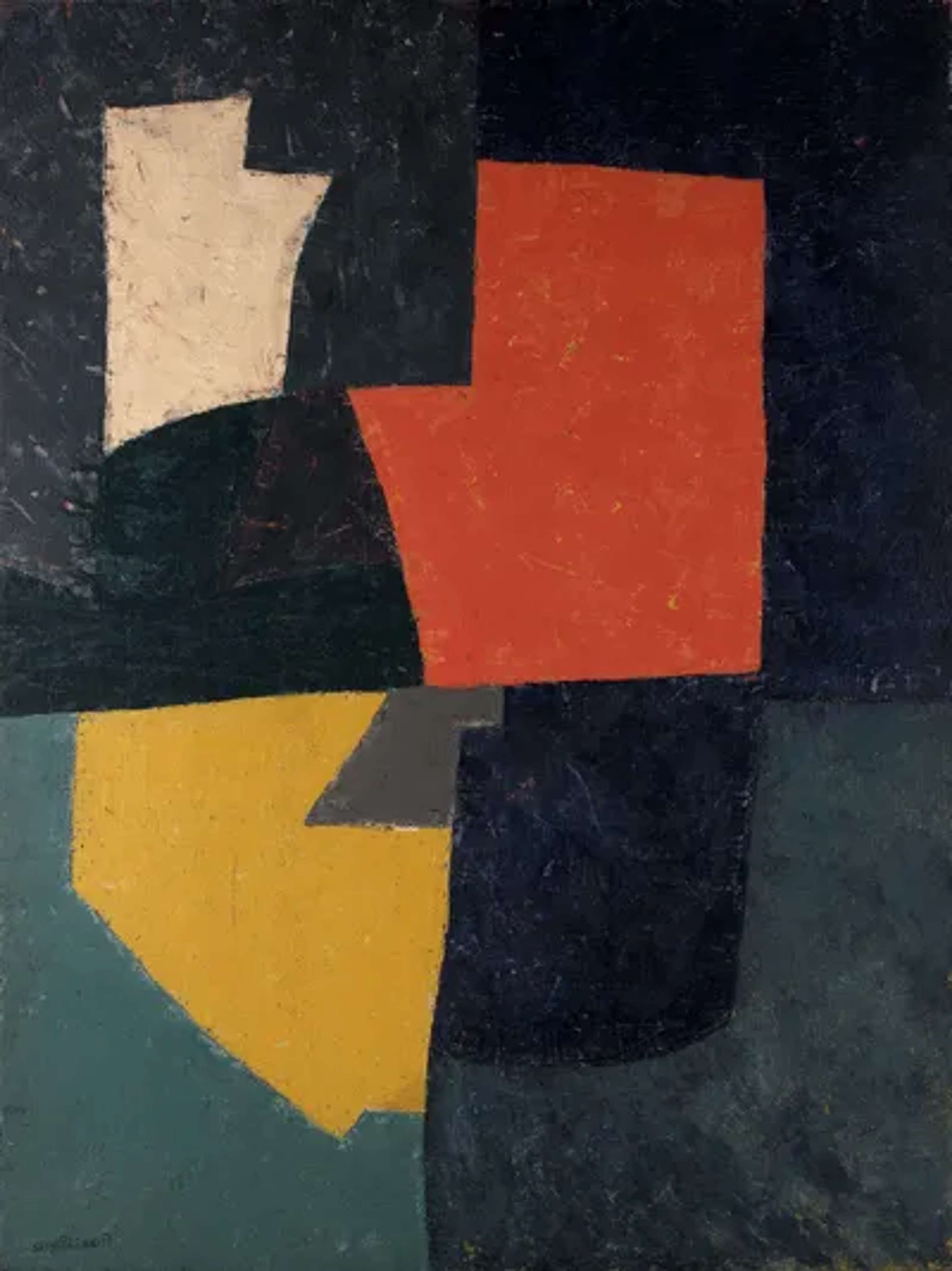 An oil painting featuring an arrangement of different shapes rendered in yellow, orange-red, teal blue, creamy white, and soft black. The untreated canvas and hand-crushed pigments give the work a grainy texture.