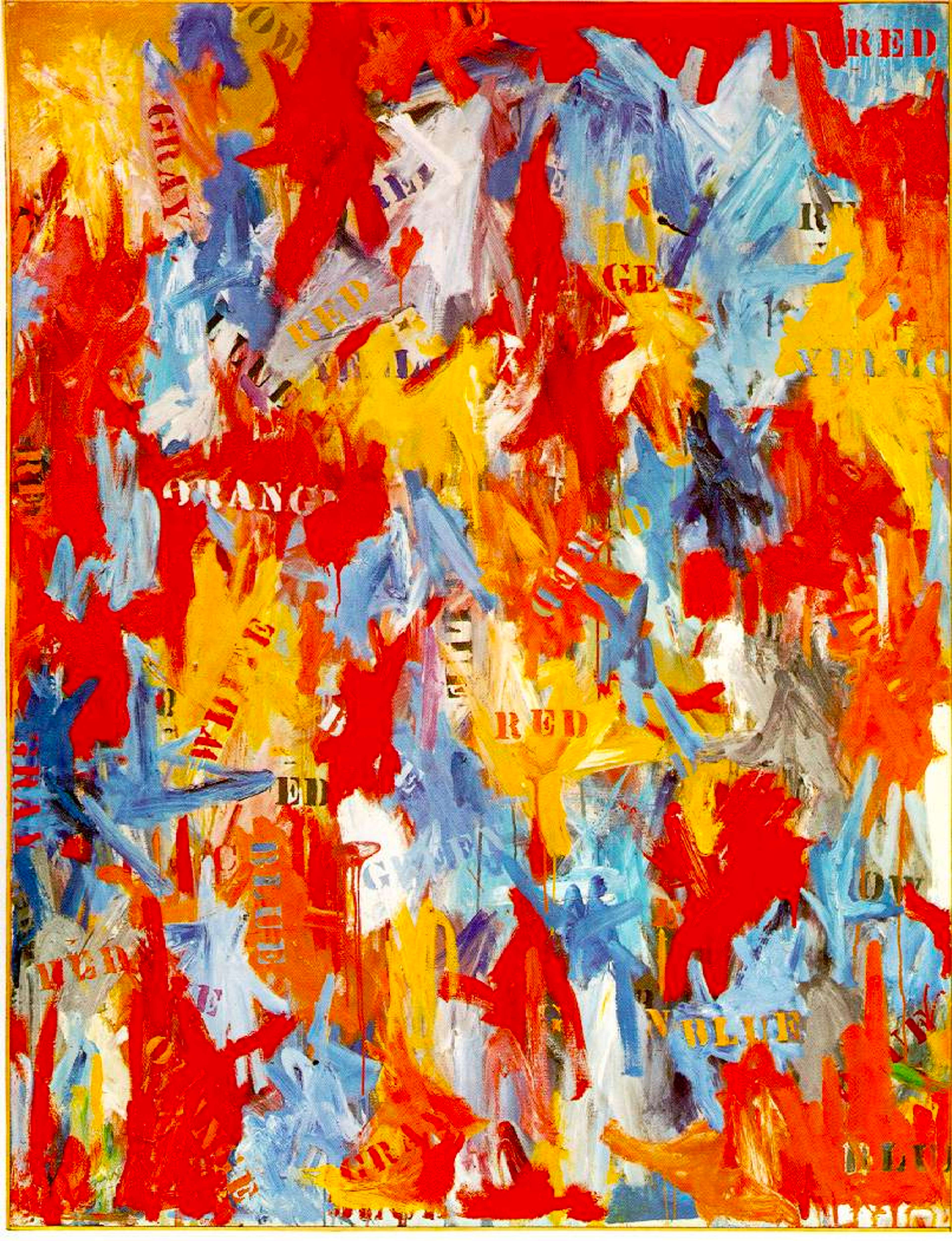 An abstract canvas with vibrant red, orange, yellow, and blue gestural markings, where the words of the colours are stencilled over in contrasting shades against the abstract background.