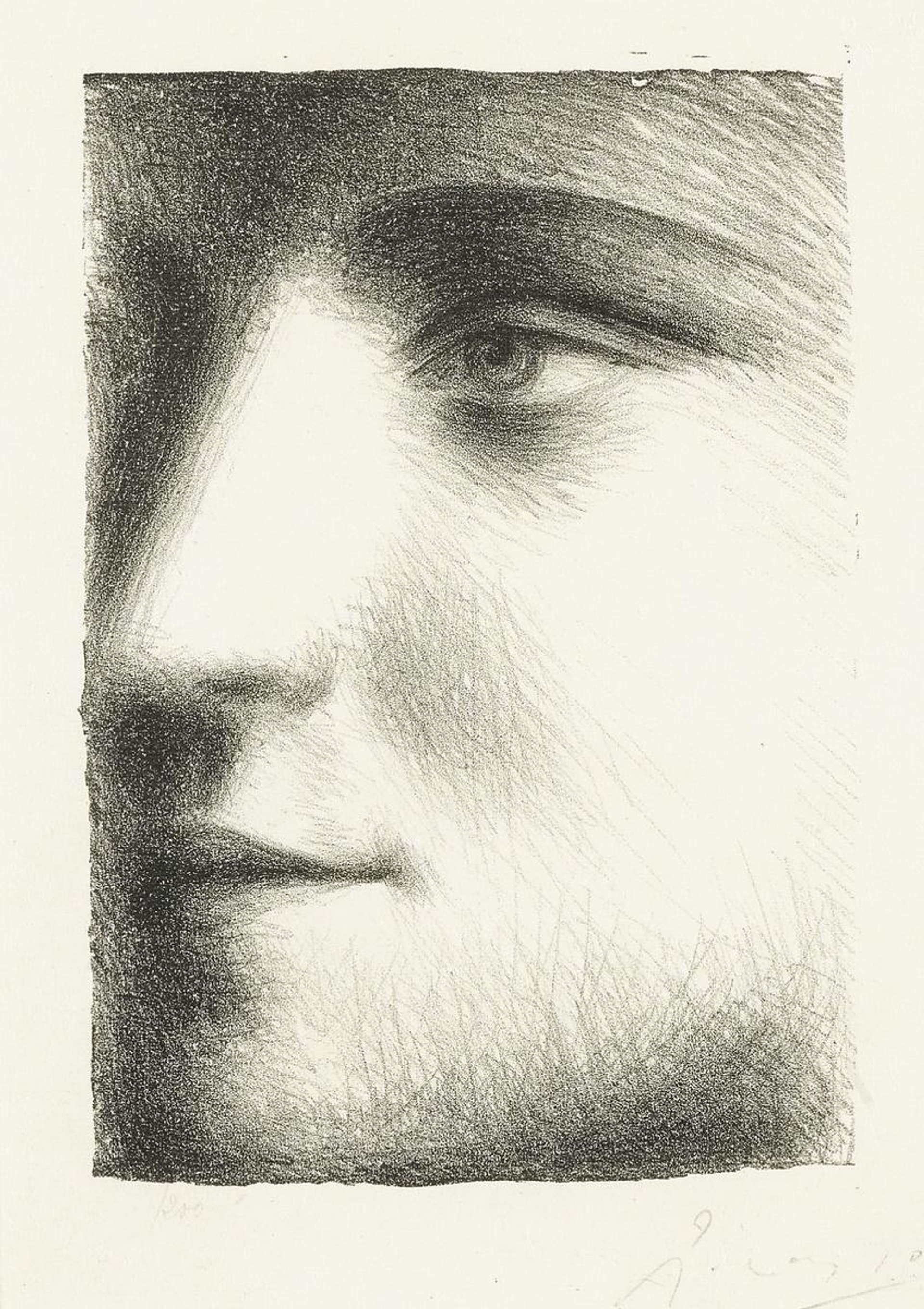 A monochrome drawing by Pablo Picasso, a close-up, partial-profile of his muse Marie Therese Walter.