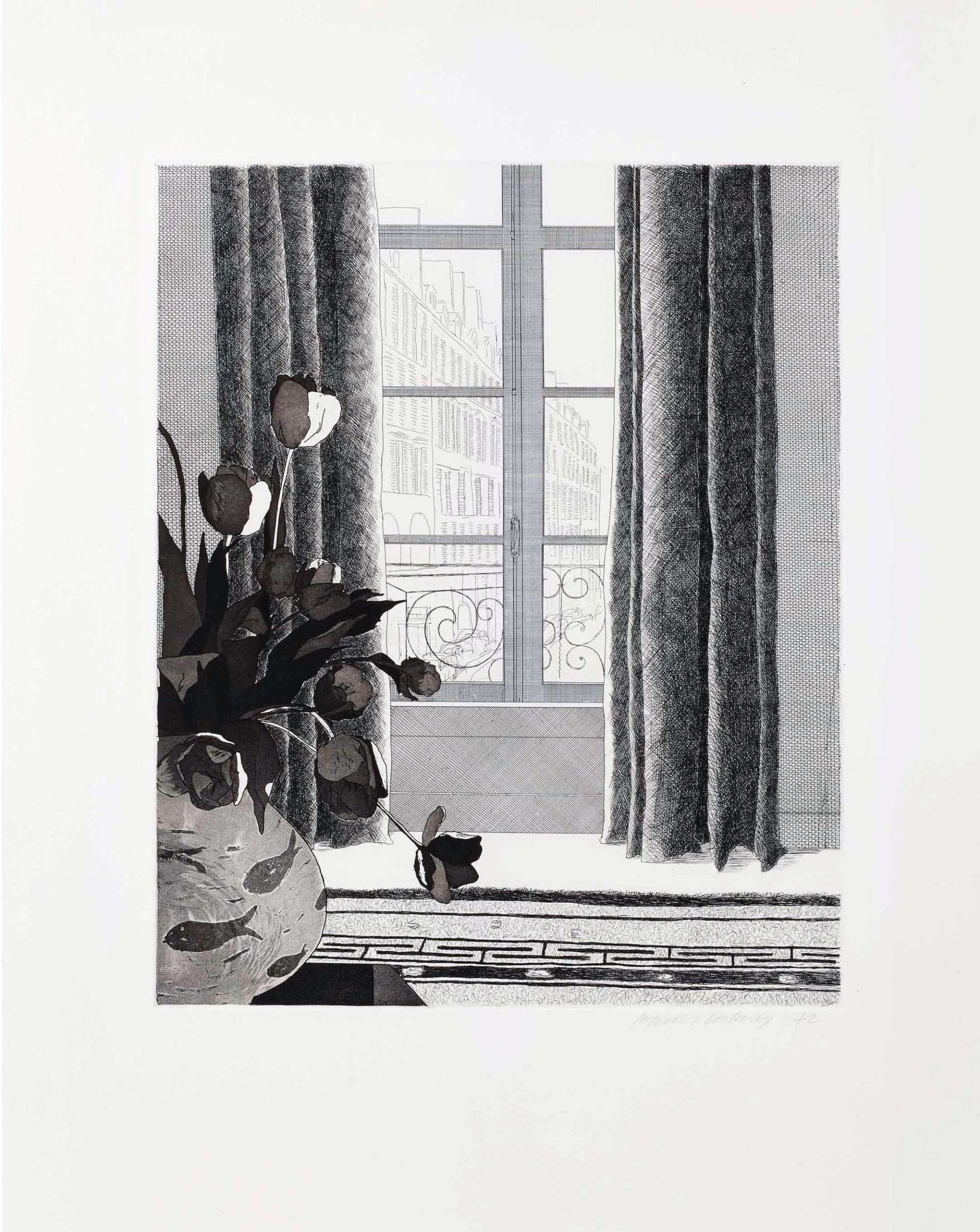 Black and white print by David Hockney showing a window with draped curtains in a Parisian building, offering a glimpse of the outdoors. A flower vase is placed on the left side of the scene.