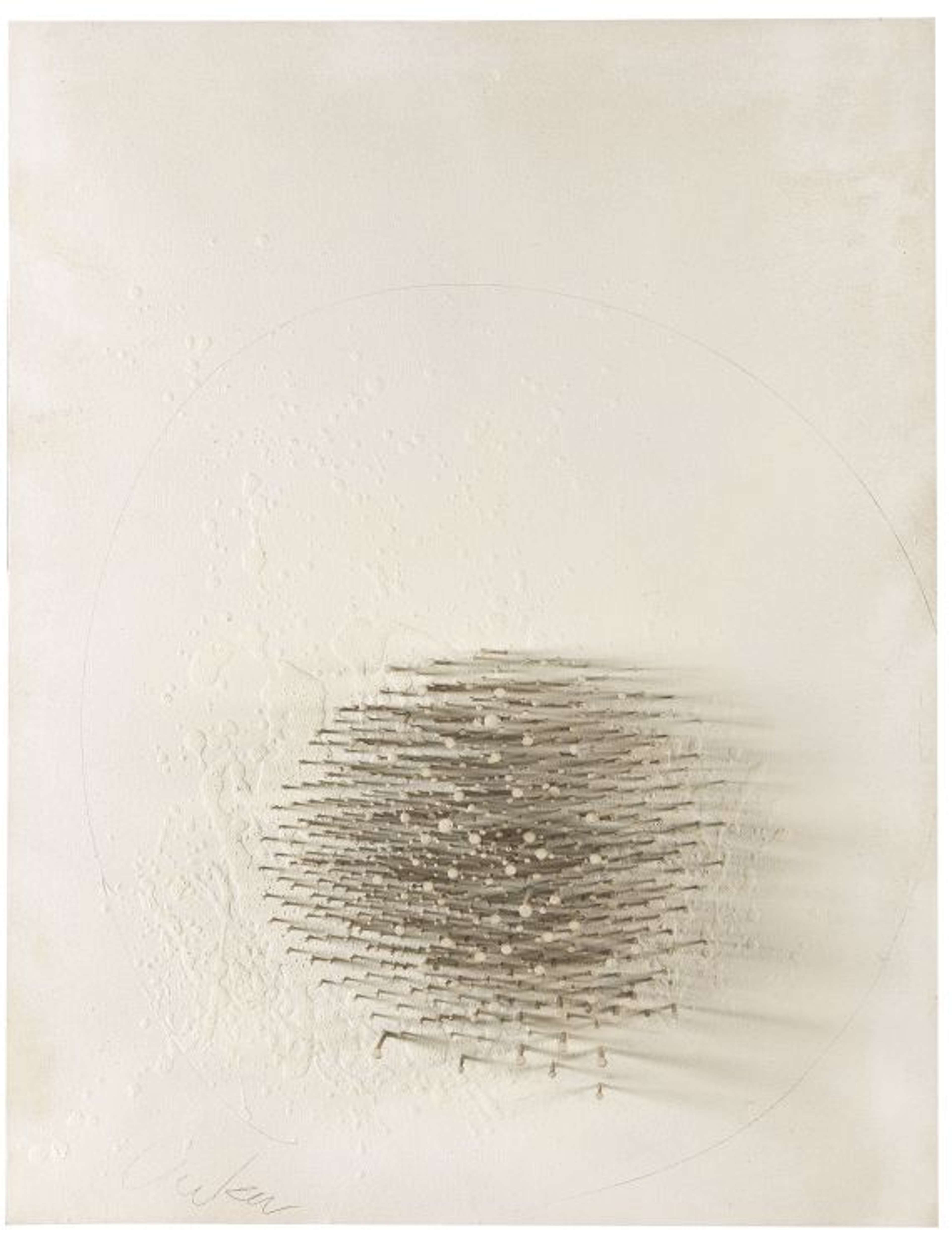 Nails are arranged in an approximate circle in the lower half of a rough, textured, white canvas. A fine pencil circle is drawn broadly around the nails. 