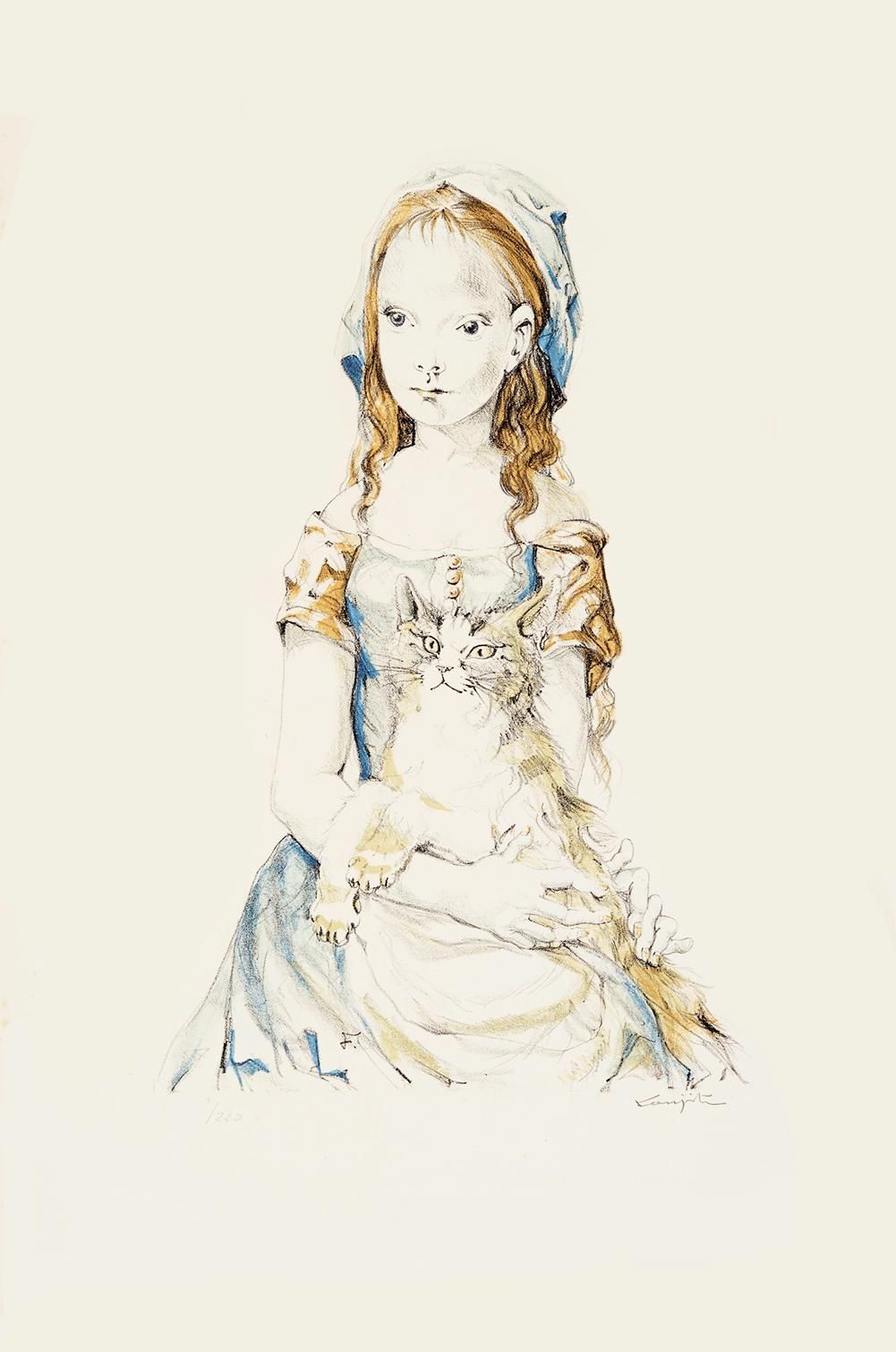 Tsuguharu Foujita Jeune Fille Au Chat (Signed Print) 1959