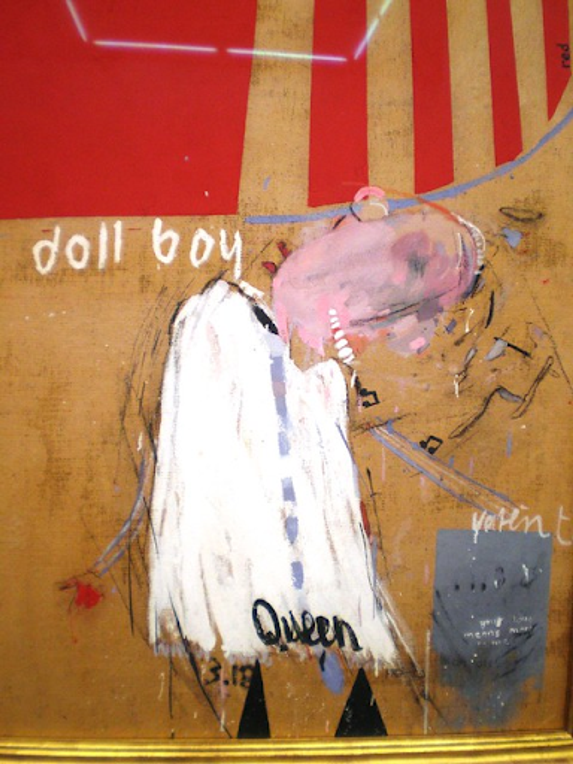 David Hockney's Doll Boy. A painting of a boy with his head hanging down with the text "doll boy" beside him and "Queen" below him