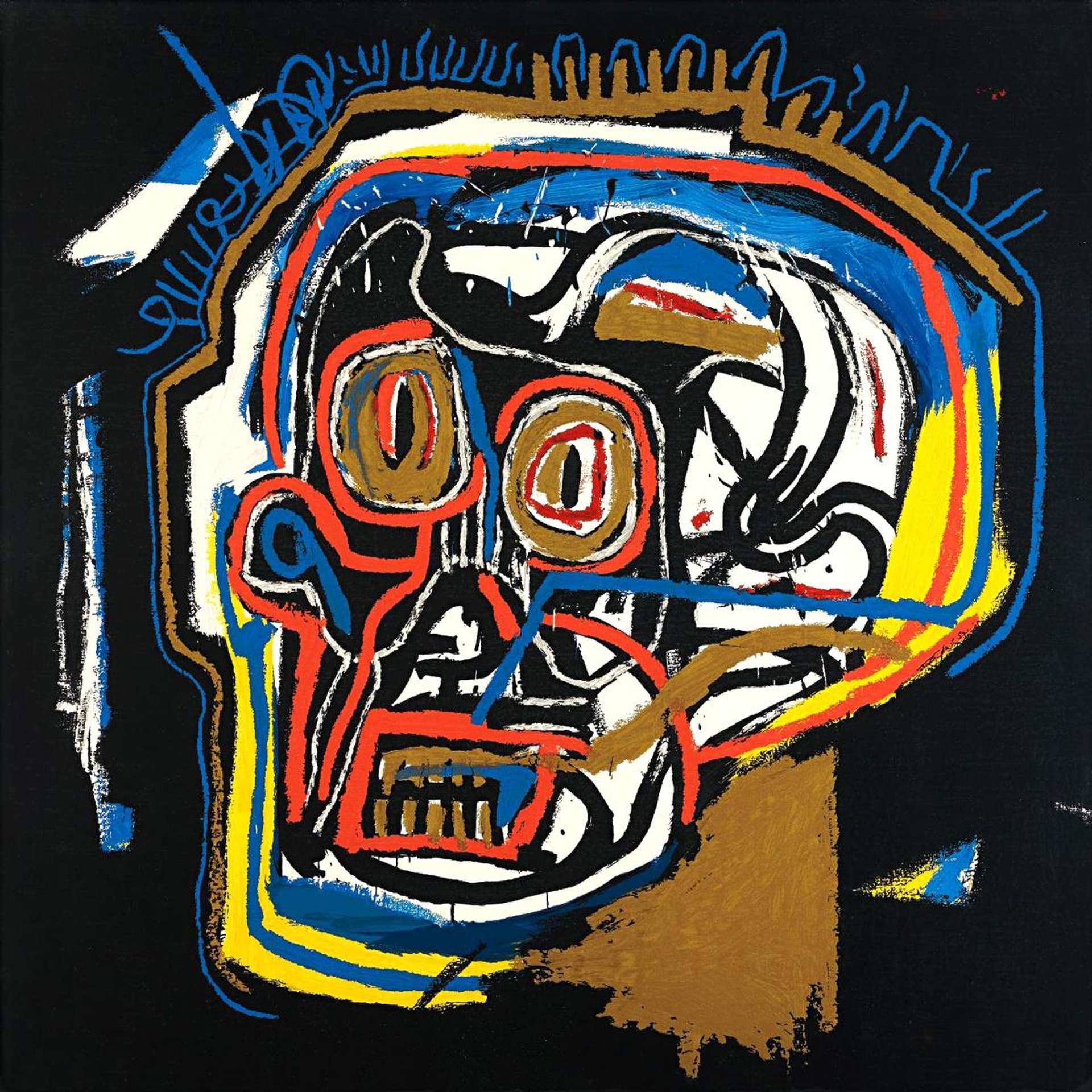 An image of the artwork Head by Basquiat. It shows a stylised skull, depicted in red, yellow and blue against a black background. Basquiat’s energetic brushstrokes are particularly visible.