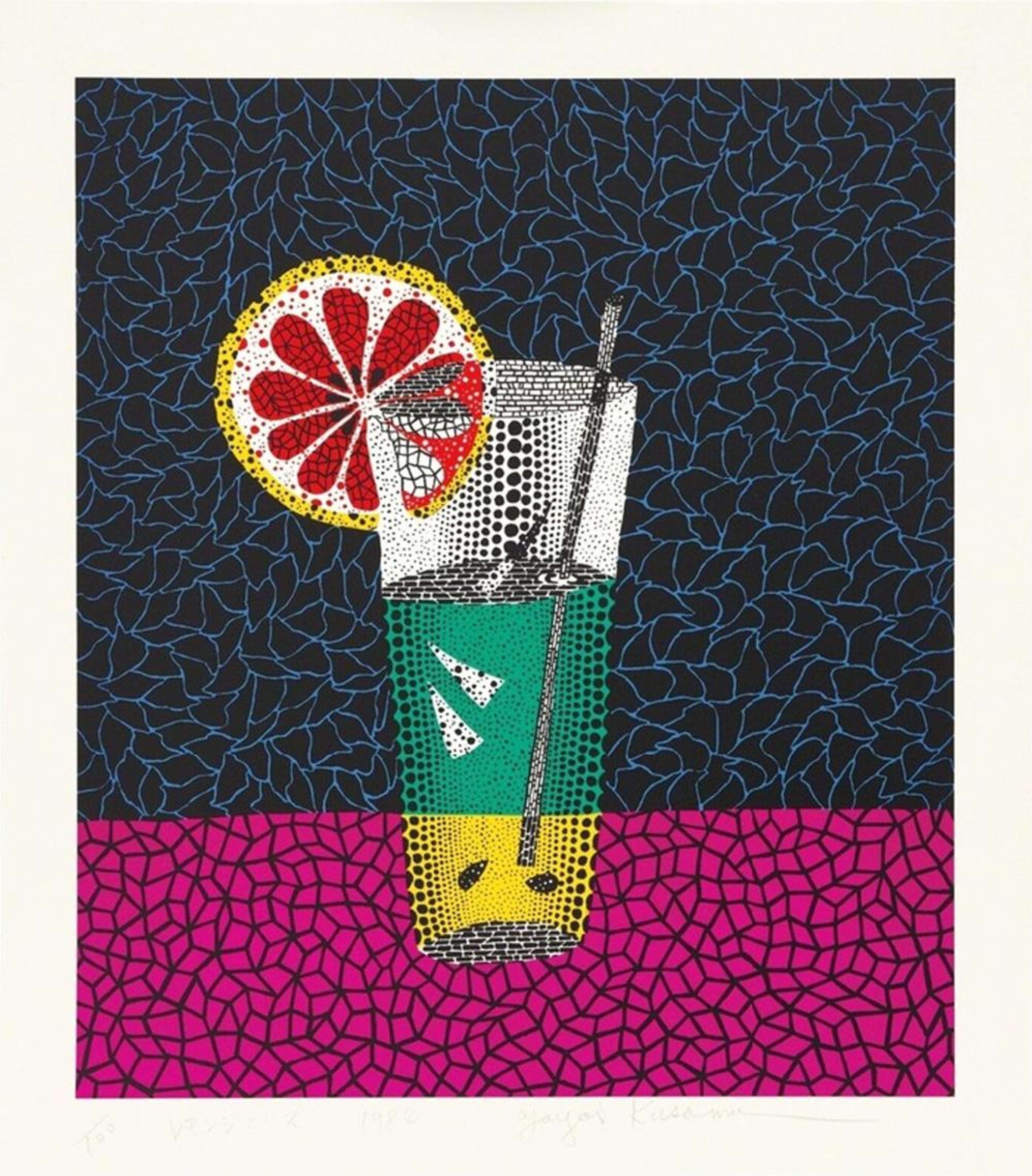 Yayoi Kusama’s Lemon Squash. A screenprint of a drink in a tall glass with a slice of lemon and straw made of a pattern of black, white, blue, yellow, and red polka dots. 