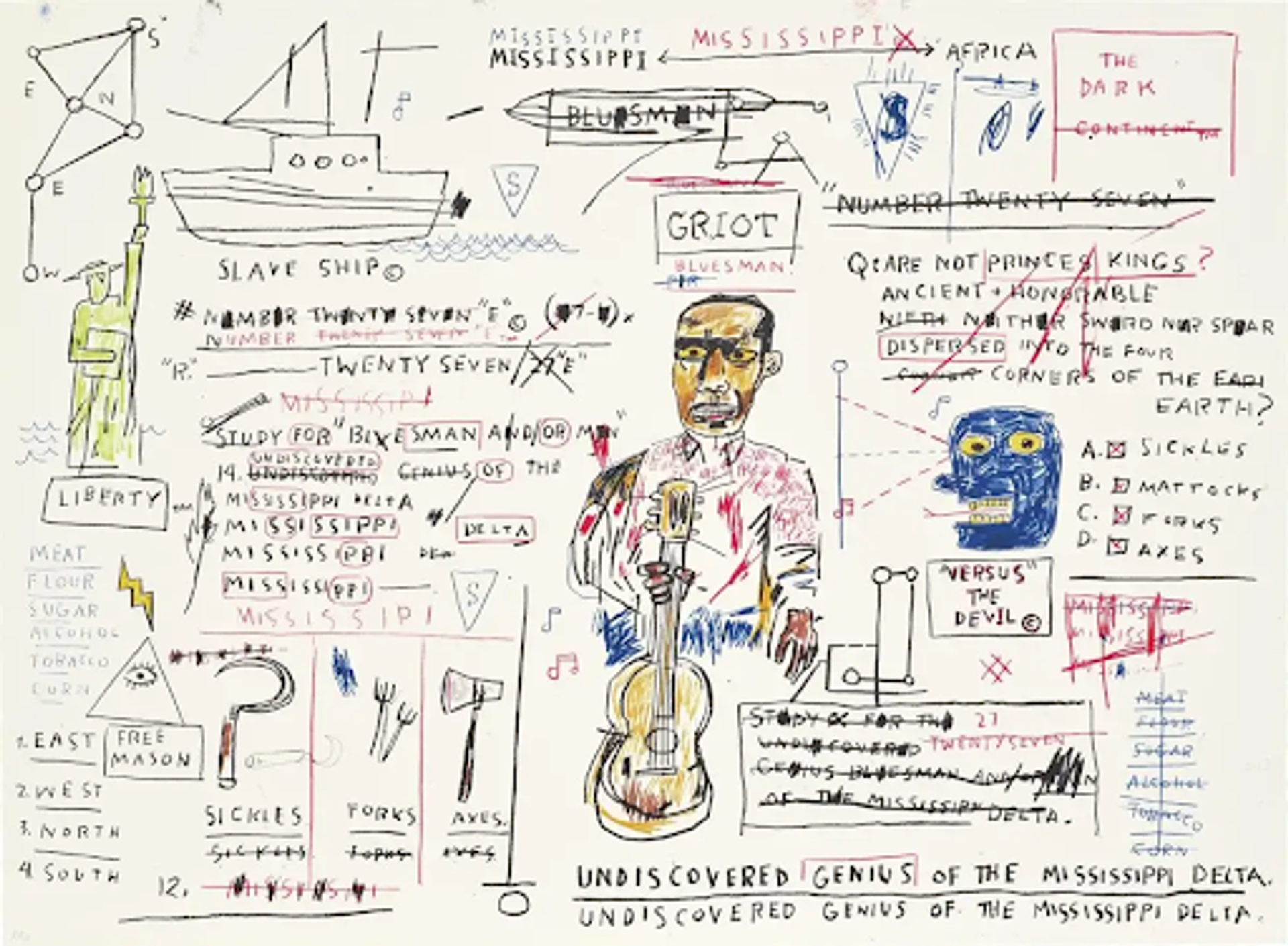 Jean-Michel Basquiat’s Undiscovered Genius. A Neo Expressionist screenprint of a man holding a guitar in the centre of a white background surrounded by texts and an assortment of images. 