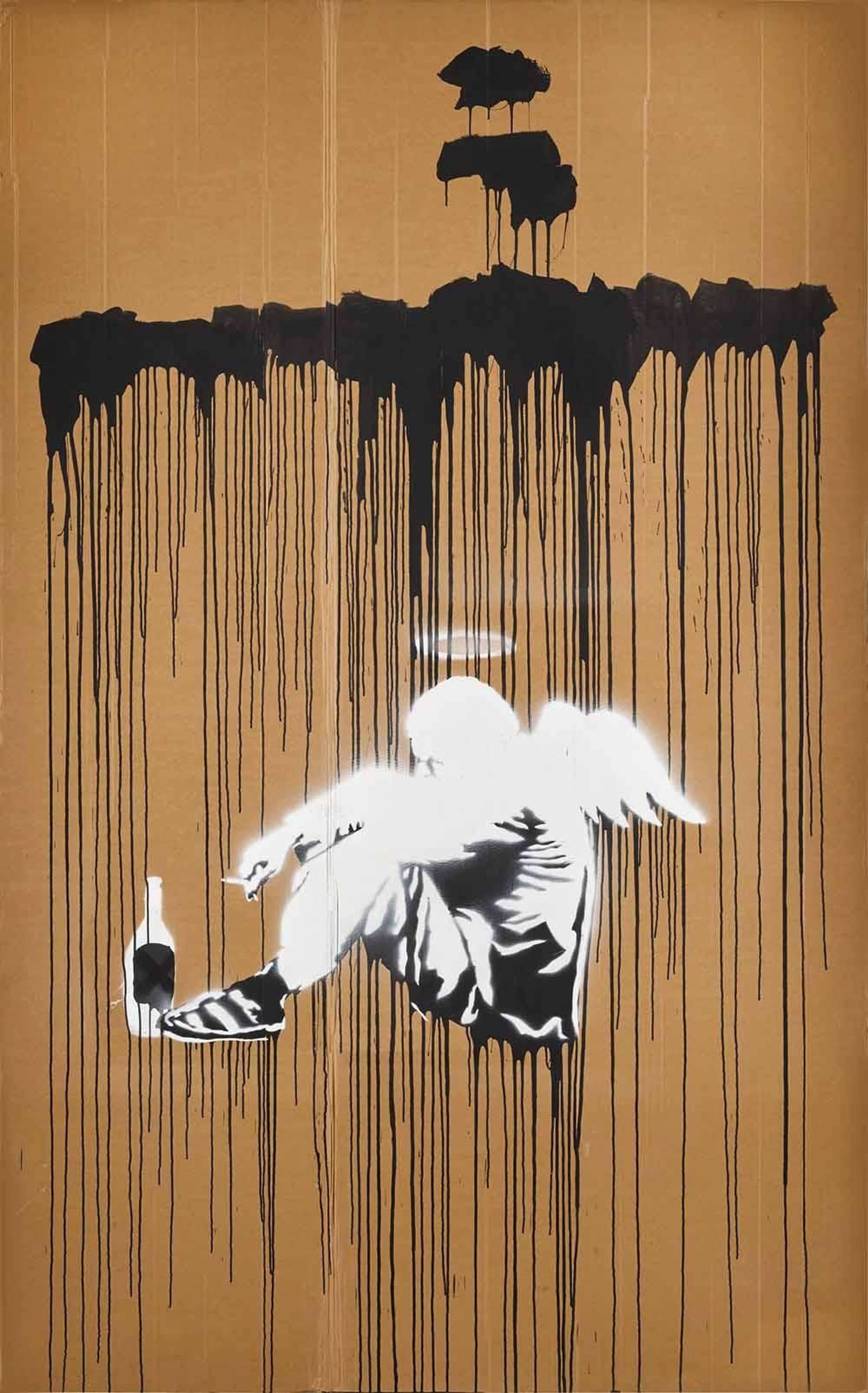 Banksy's Fallen Angel. A spray paint work on cardboard of a man, dressed in white with a halo and angel wings.