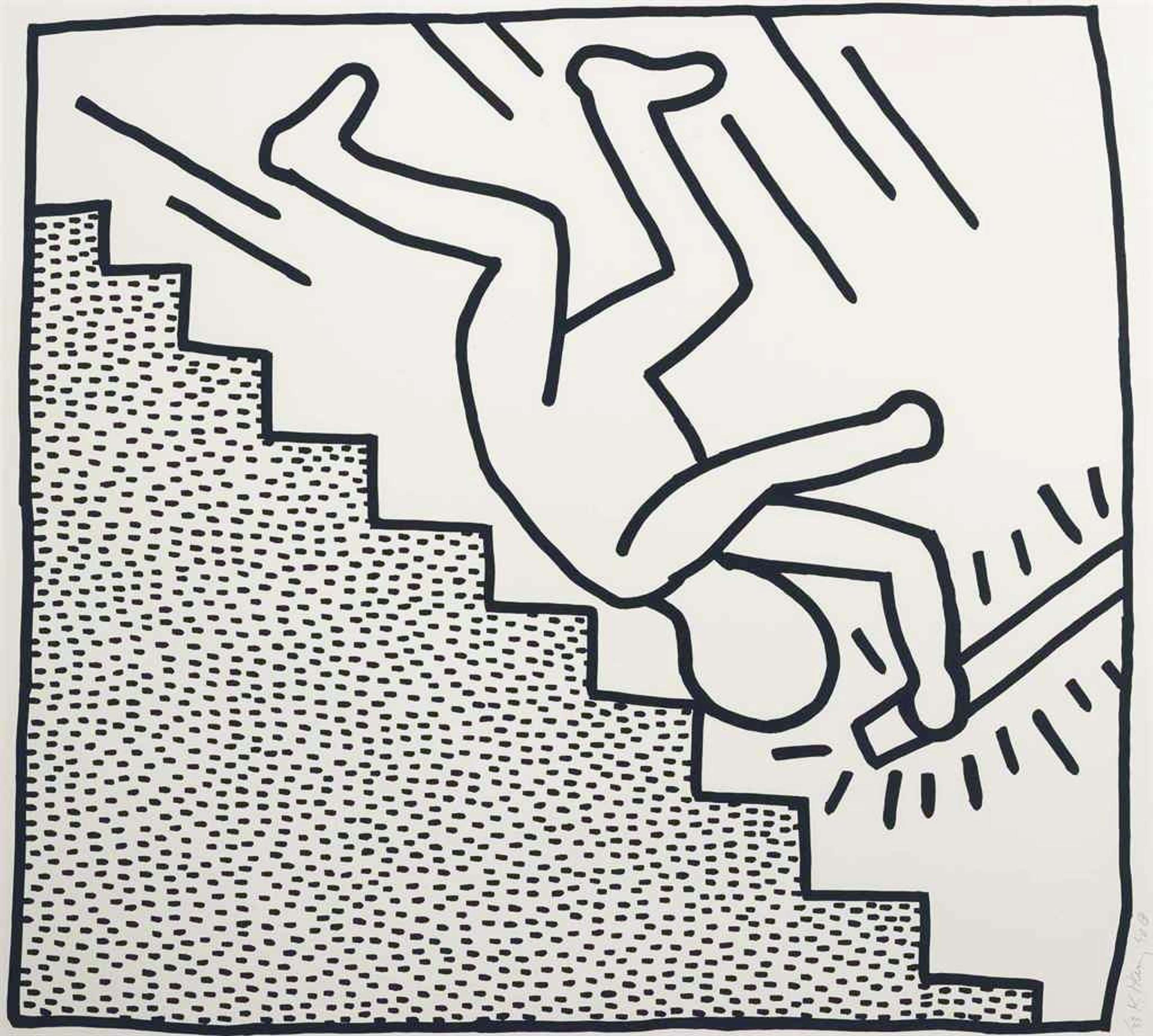 Keith Haring’s The Blueprint Drawings 16. A Pop Art screenprint of a black and white comic strip of a figure falling down the stairs.