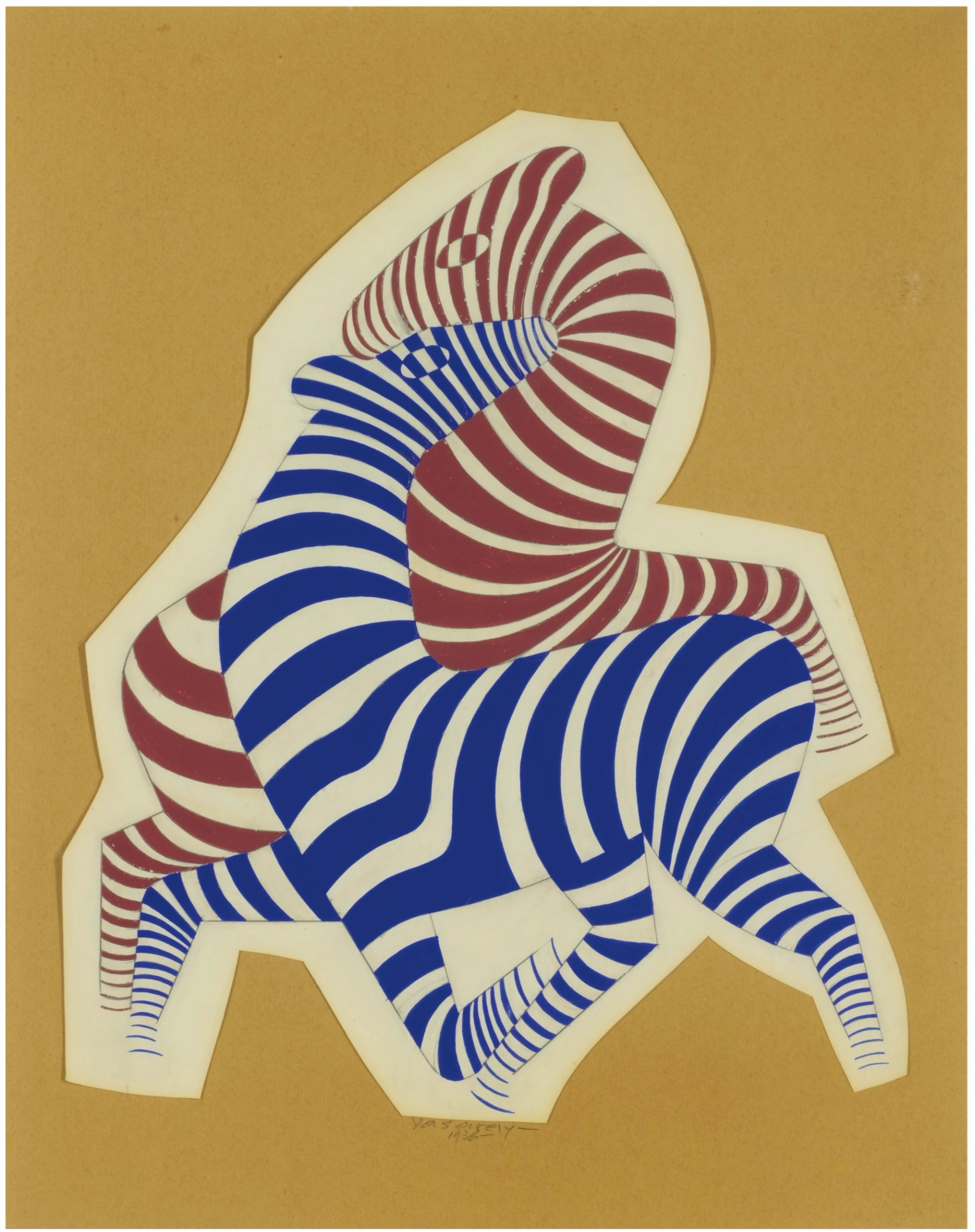 Two zebras, one with blue stripes and the other with red, are intertwined at the neck, creating an optical effect with their patterned stripes against a faded yellow background.