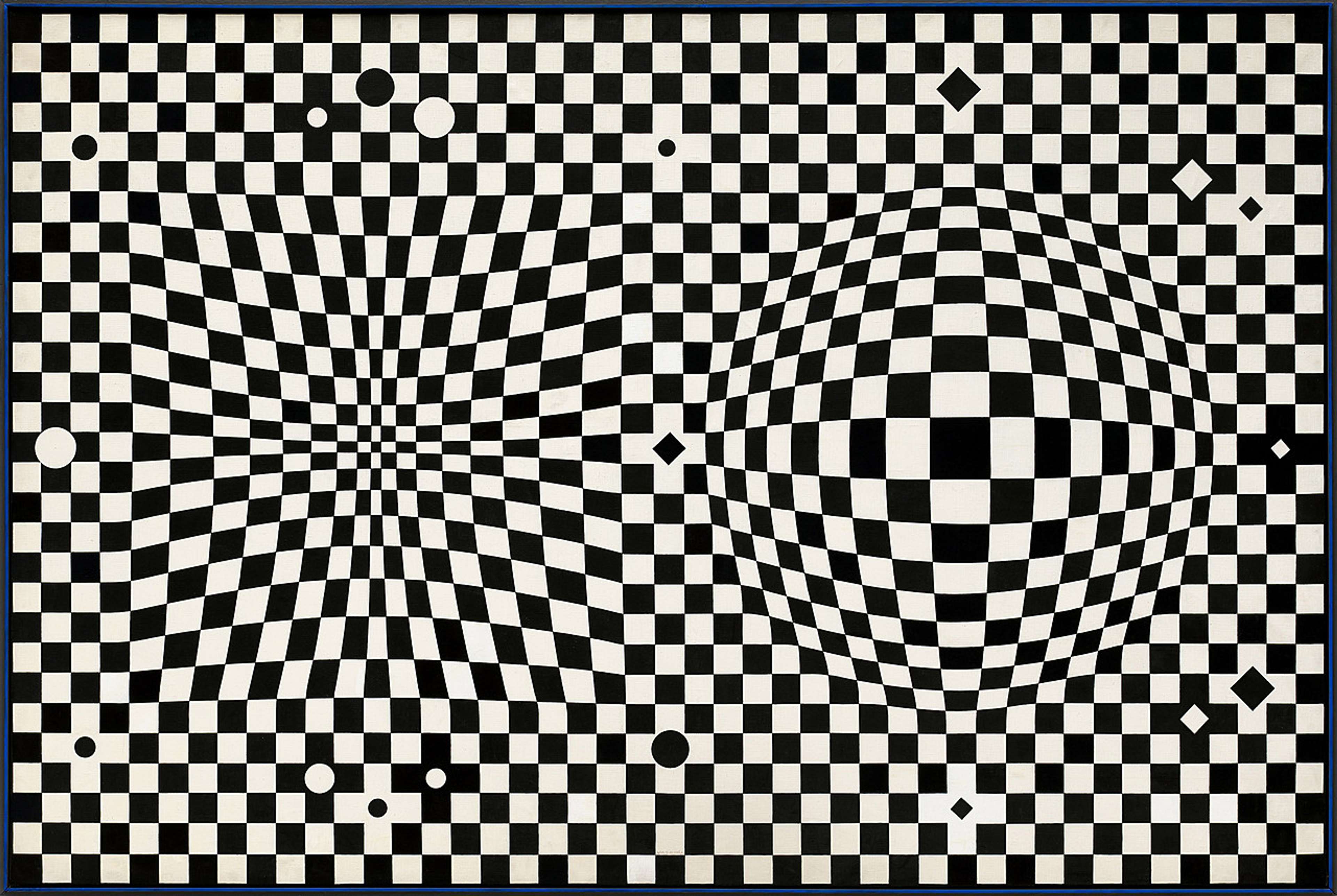 An abstract optical illusionary work featuring tessilating black-and-white sqaures in various sizes creating movement throughout the work.