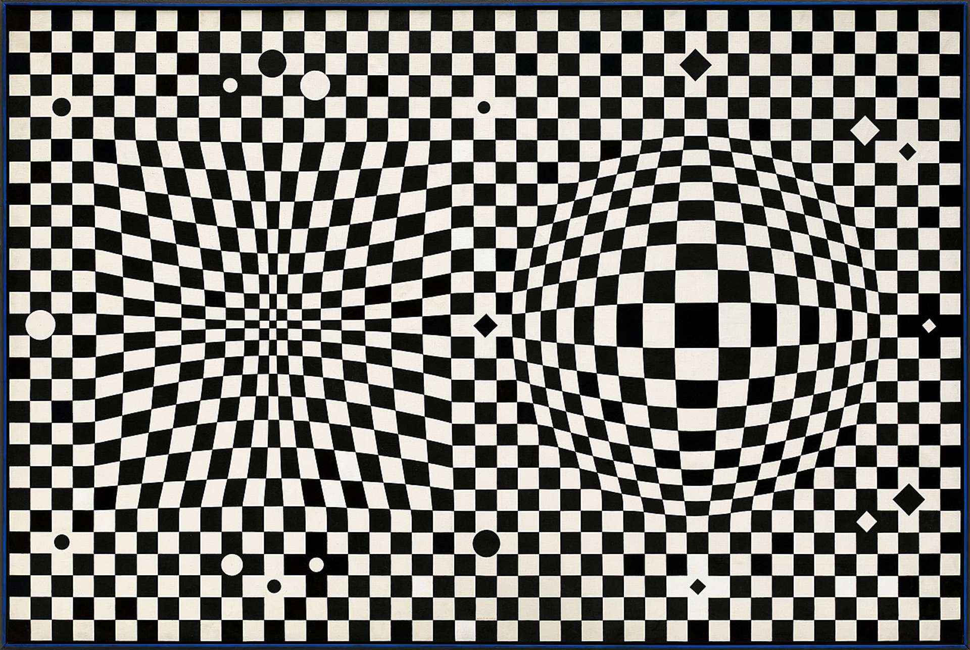 An abstract optical illusionary work featuring tessilating black-and-white sqaures in various sizes creating movement throughout the work.