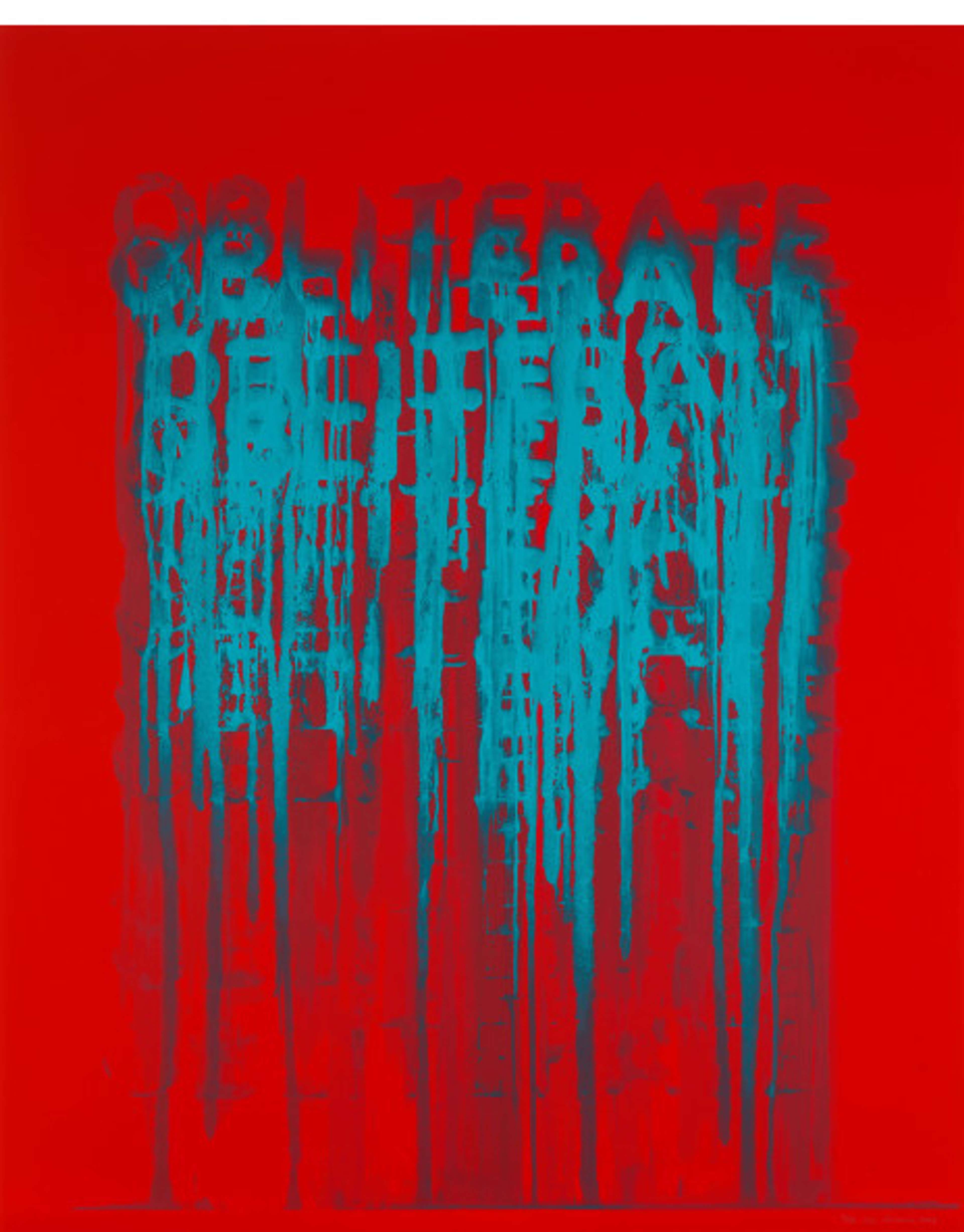 An abstract artwork featuring the word "obliterate" repeatedly stacked in turquoise blue, creating a dynamic effect as the colors blend and bleed into each other. The vibrant red background adds contrast and intensity to the composition.An abstract artwork featuring the word "obliterate" repeatedly stacked in turquoise blue, creating a dynamic effect as the colors blend and bleed into each other. The vibrant red background adds contrast and intensity to the composition.