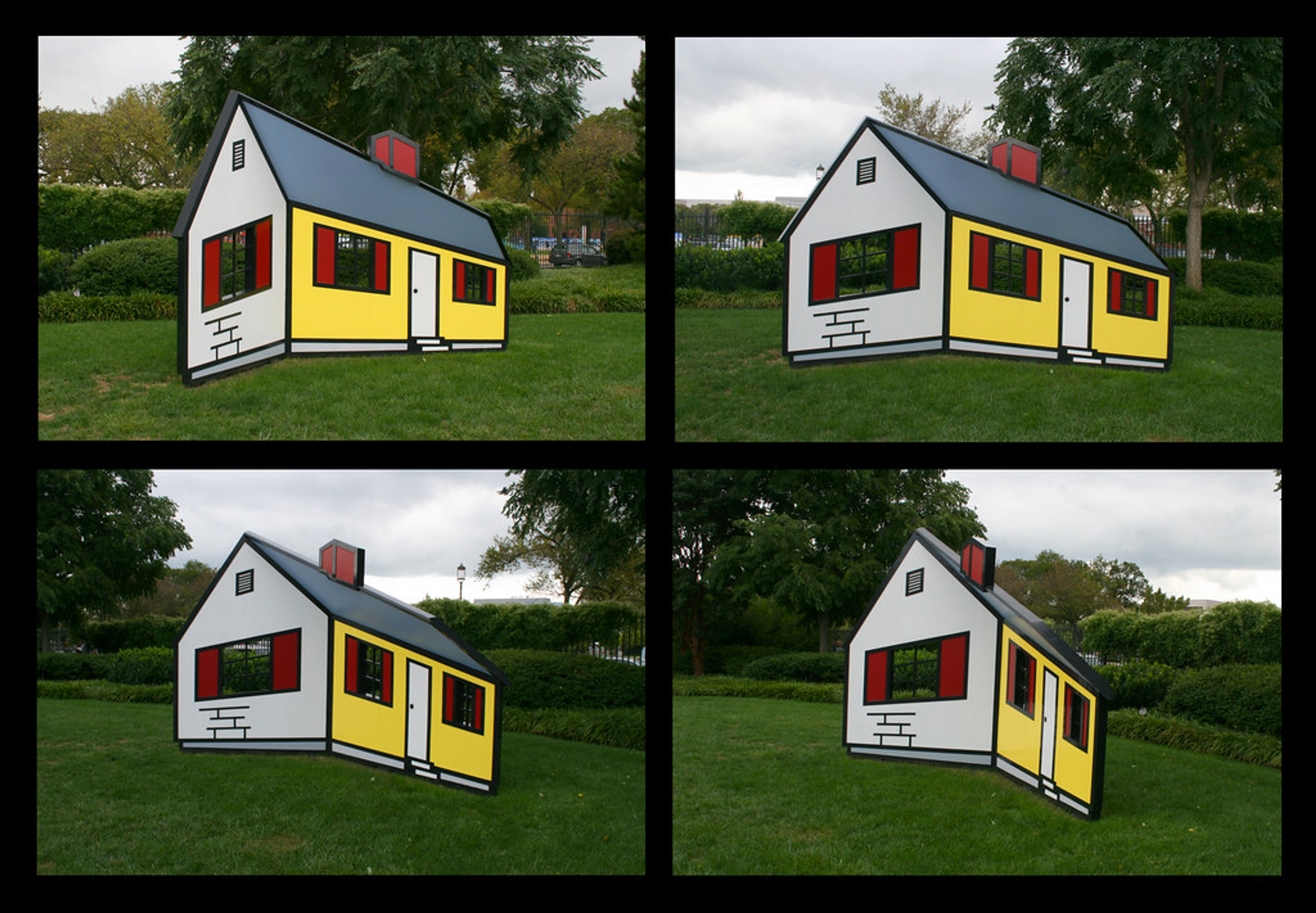 House I is a sculpture by Roy Lichtenstein. It has an illusion, which makes it appear inside out, or normally, depending on which way the viewer sees it. It is constructed of painted aluminium.