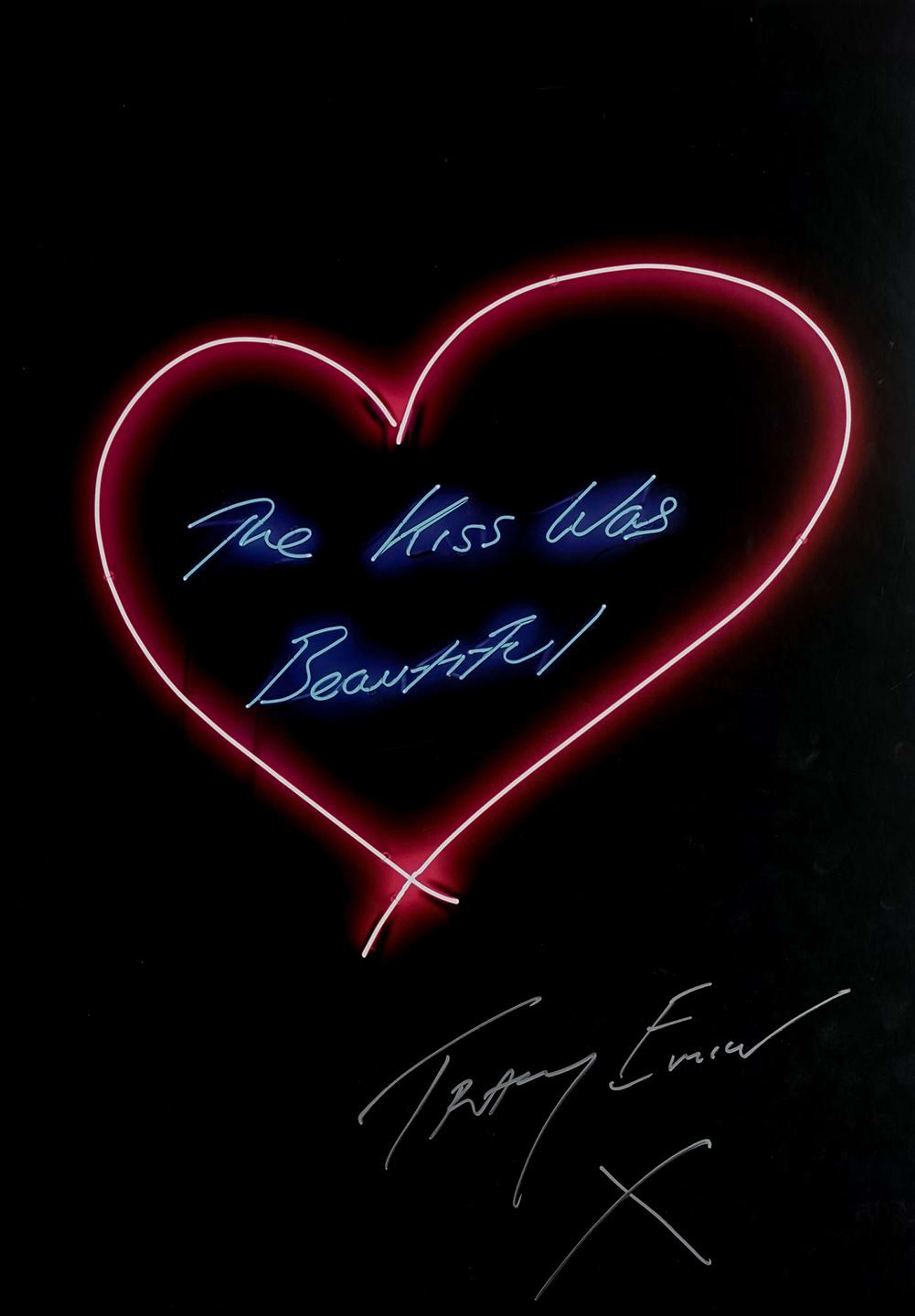 This print captures one of Tracey Emin’s works from her Neons collection. The text, from which the work takes its title, is executed in Emin’s distinctive handwriting with blue neon lights. Framed by an illuminated red love heart, the work is typical of Emin’s exploration of intimacy and relationships. Set against a black background to best show the glow of the neon lights, Emin’s signature and a kiss appear faintly in white beneath the neon work.