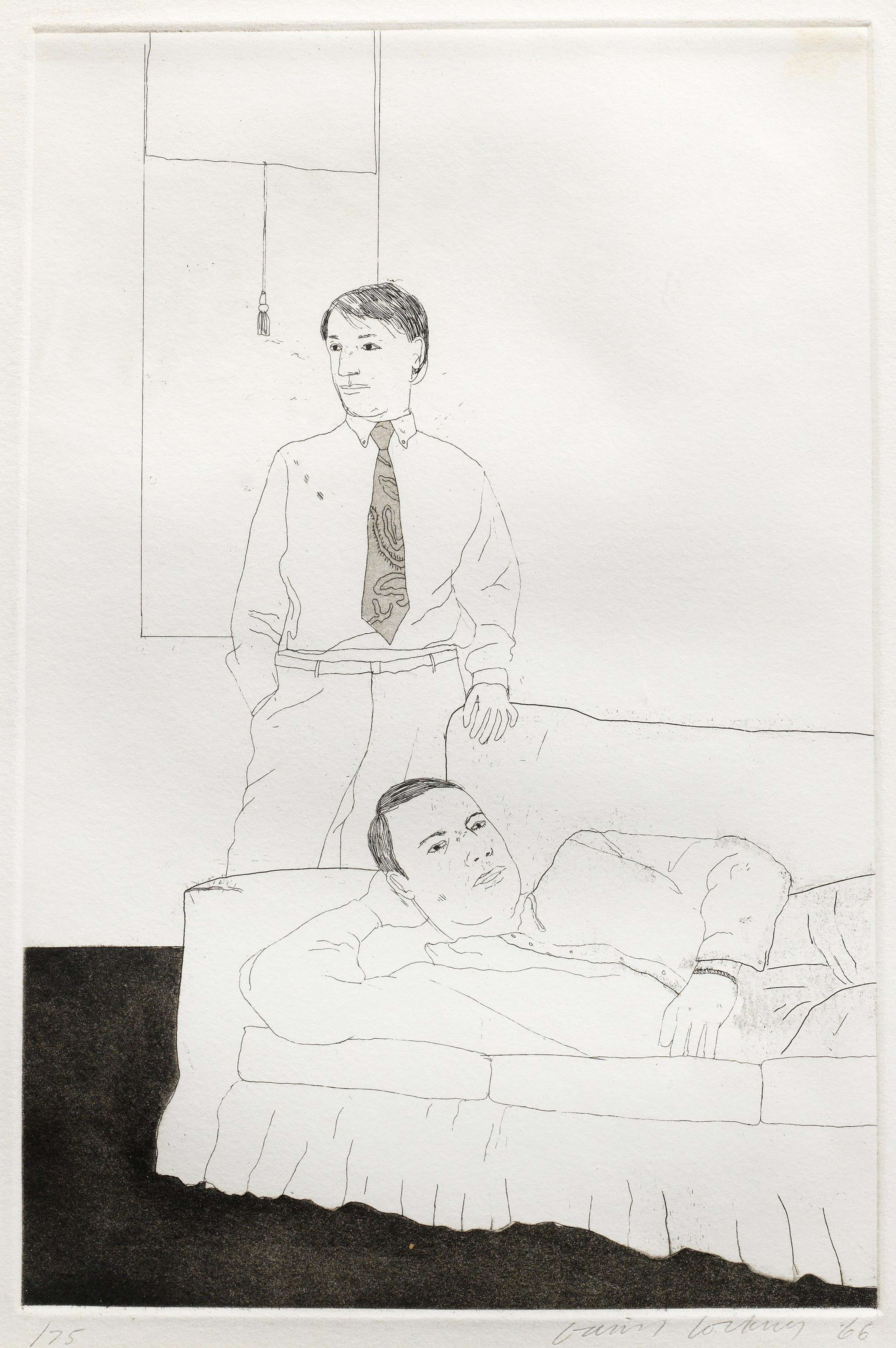 David Hockney’s Beautiful And White Flowers. An etching of a man lying down on a sofa with another male standing up next to him at the edge of the sofa. 