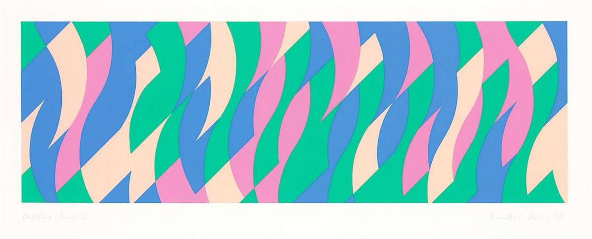 Still geometric shapes illustrating the optical illusion of movement through muted tones of pink, blue, and green.