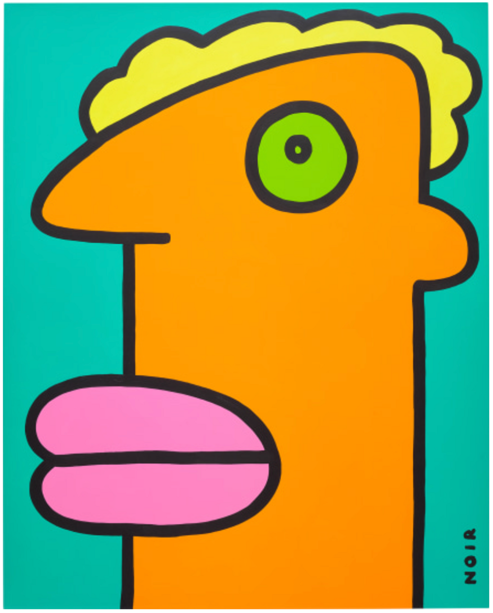 A vibrant painting with bold colors, including shades of orange, turquoise, yellow, pink, and green. The painting depicts a side profile face in a cartooned caricature style, accentuated by thick black lines.