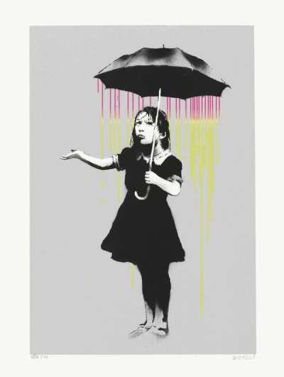 Nola (pink/yellow rain) - Signed Print by Banksy 2008 - MyArtBroker