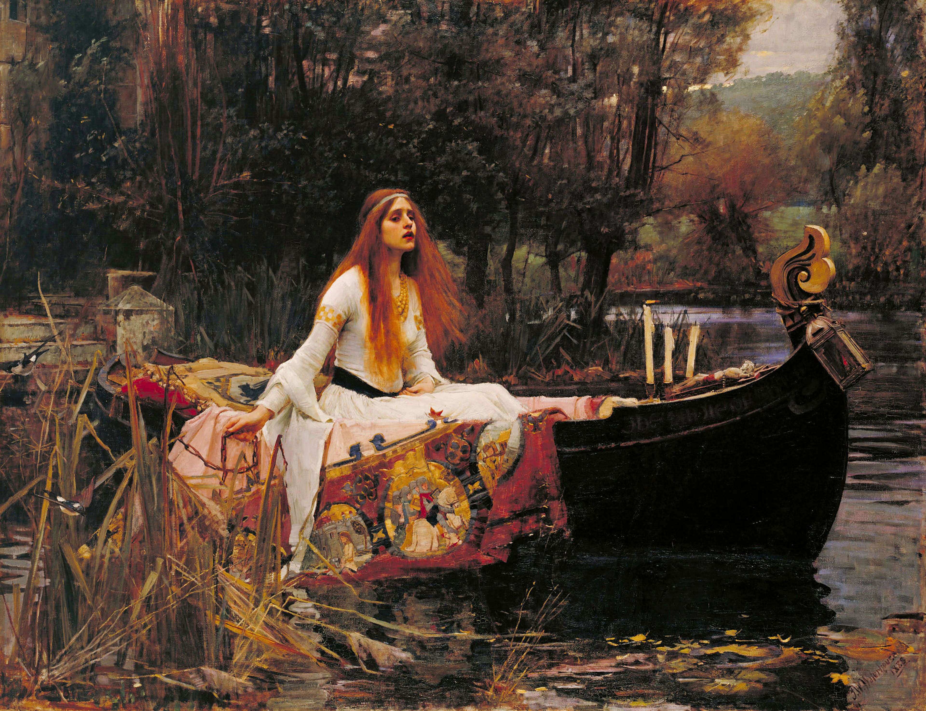 A young woman in a white gown with long auburn hair sits in a richly decorated boat drifting through a reedy river, her expression sorrowful as she clutches the boat’s edge amid dark trees and dim autumnal light.