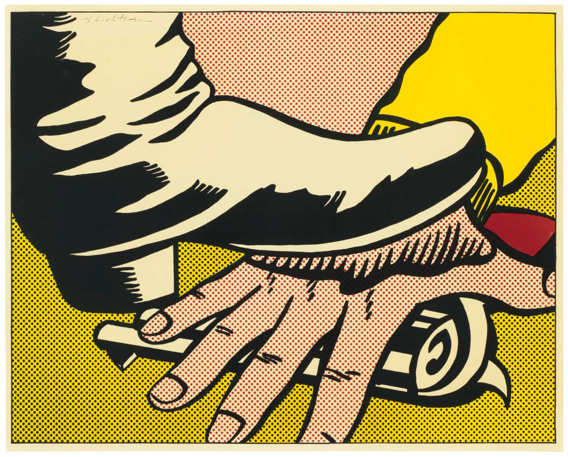 A screenprint by Roy Lichtenstein depicting a hand to the right of the composition being trampled by a black boot to the left, set against a yellow and red dot background.