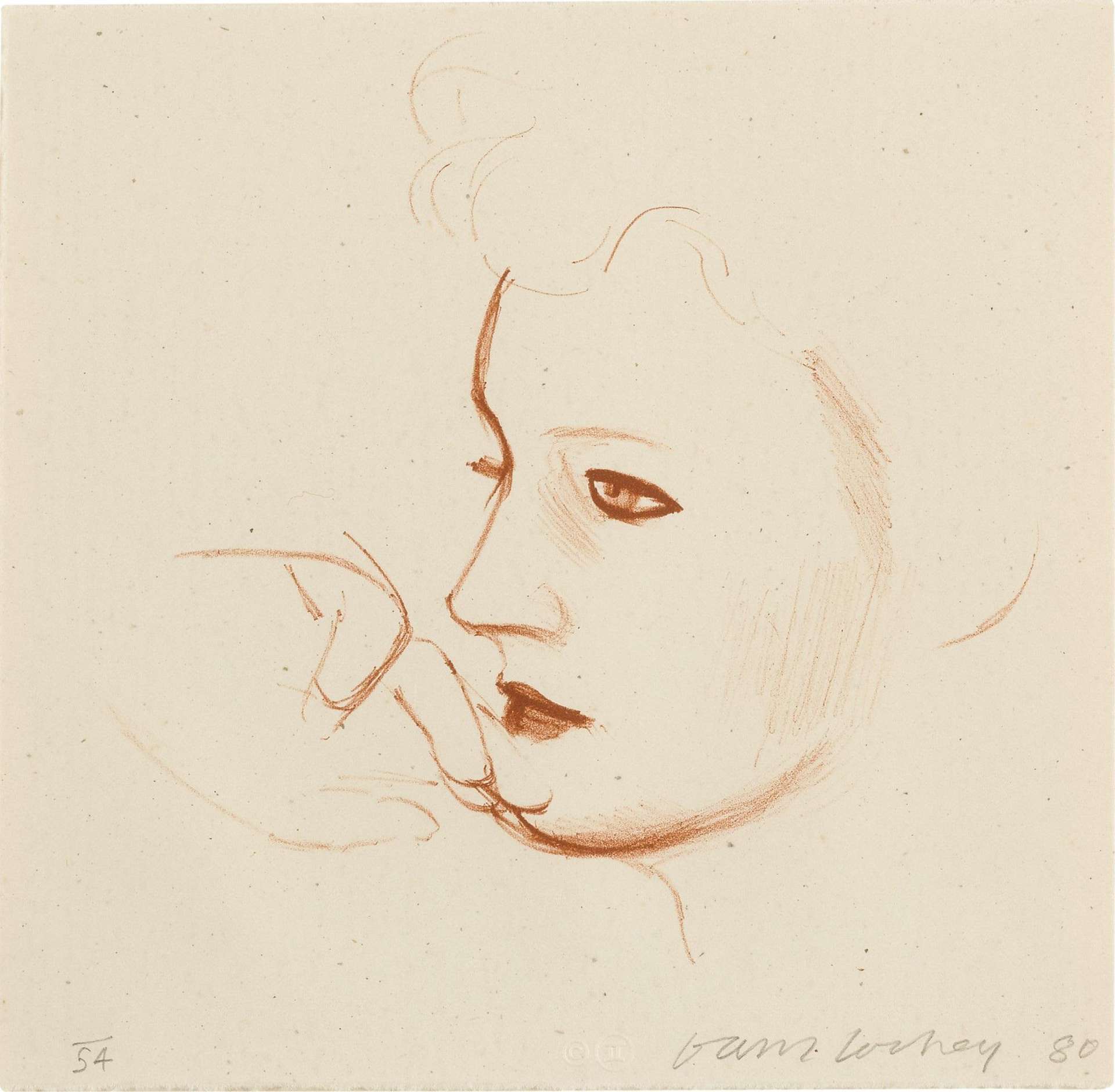 Rendered in a strikingly sparse way, Celia Birtwell’s profile occupies almost a whole right side of the print. The woman’s hand emerges indistinctly from the left corner, with two fingers gently touching the chin. Hockney’s line here is vividly fragmented, picking up and fading in an irregular manner. The portrayal of eyes, nose, and lips contrasts with the elements outside the central area of the print as this is where the contour becomes thinner or almost indistinct.