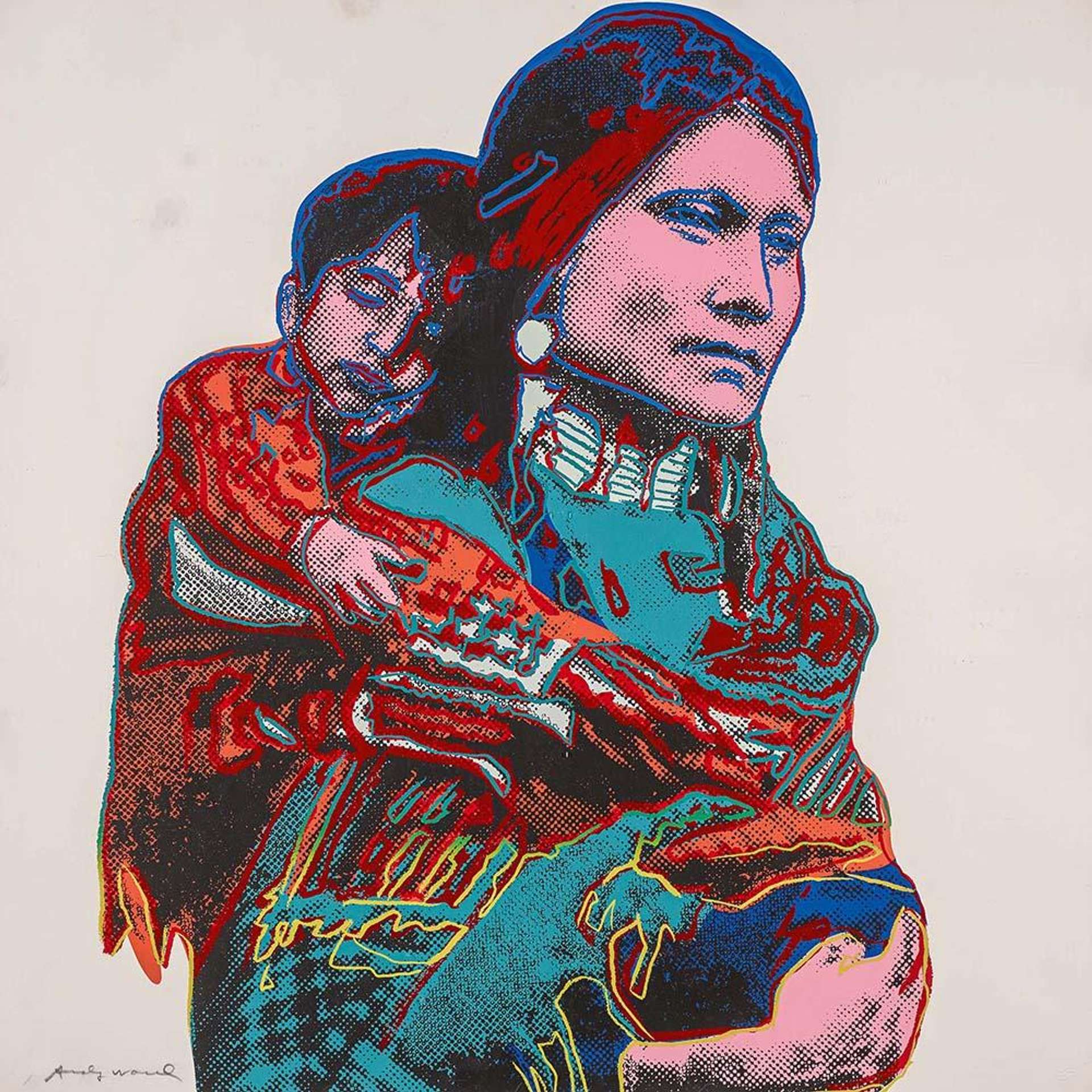 A screenprint by Andy Warhol depicting a Native American mother and child in bright colours, set against a white background