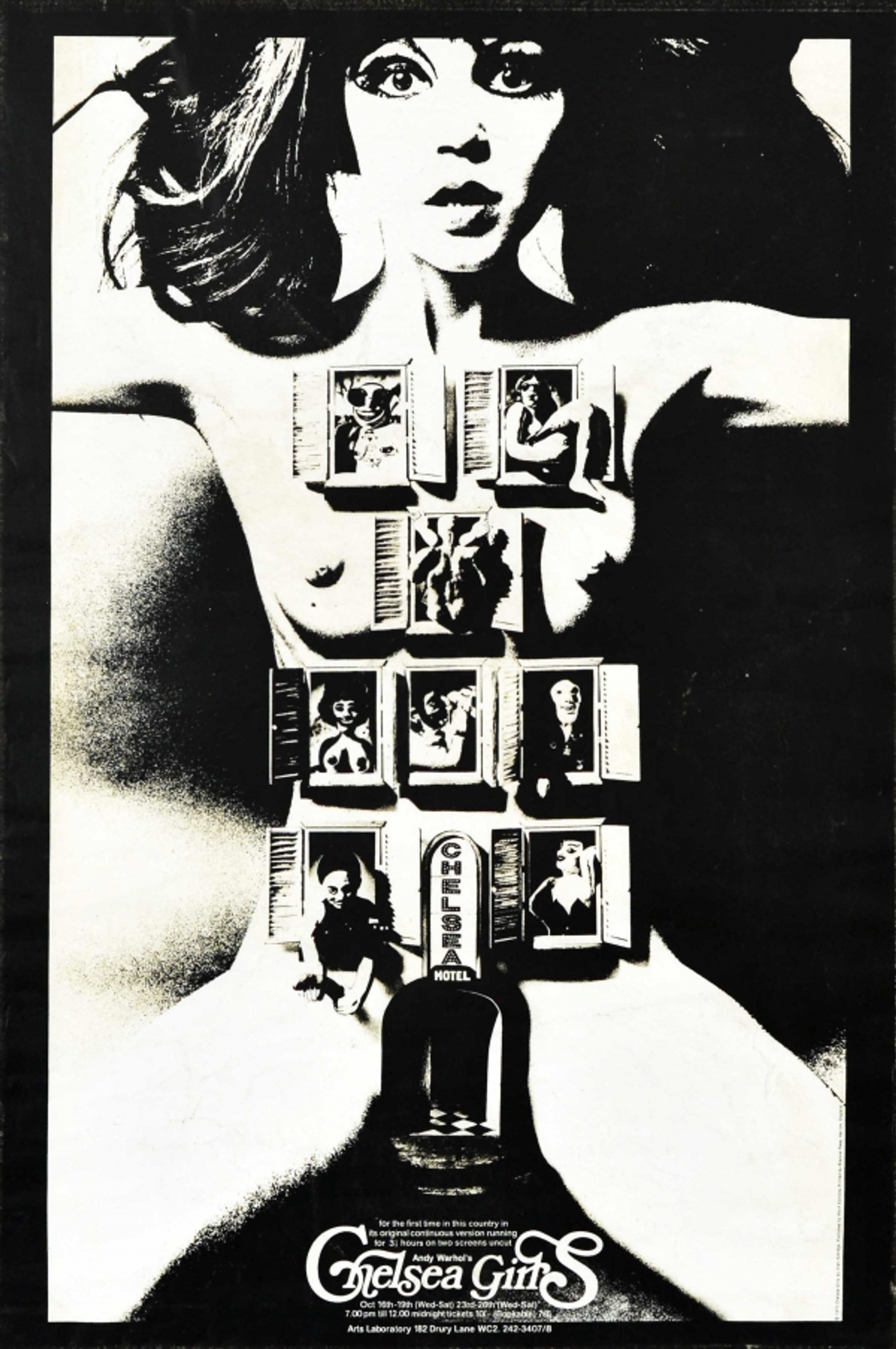 A monochrome image of a nude woman. Superimposed on her body are eight windows with open shutters, each of which has their own individual subject living within. The name "Chelsea Girls" is written underneath.