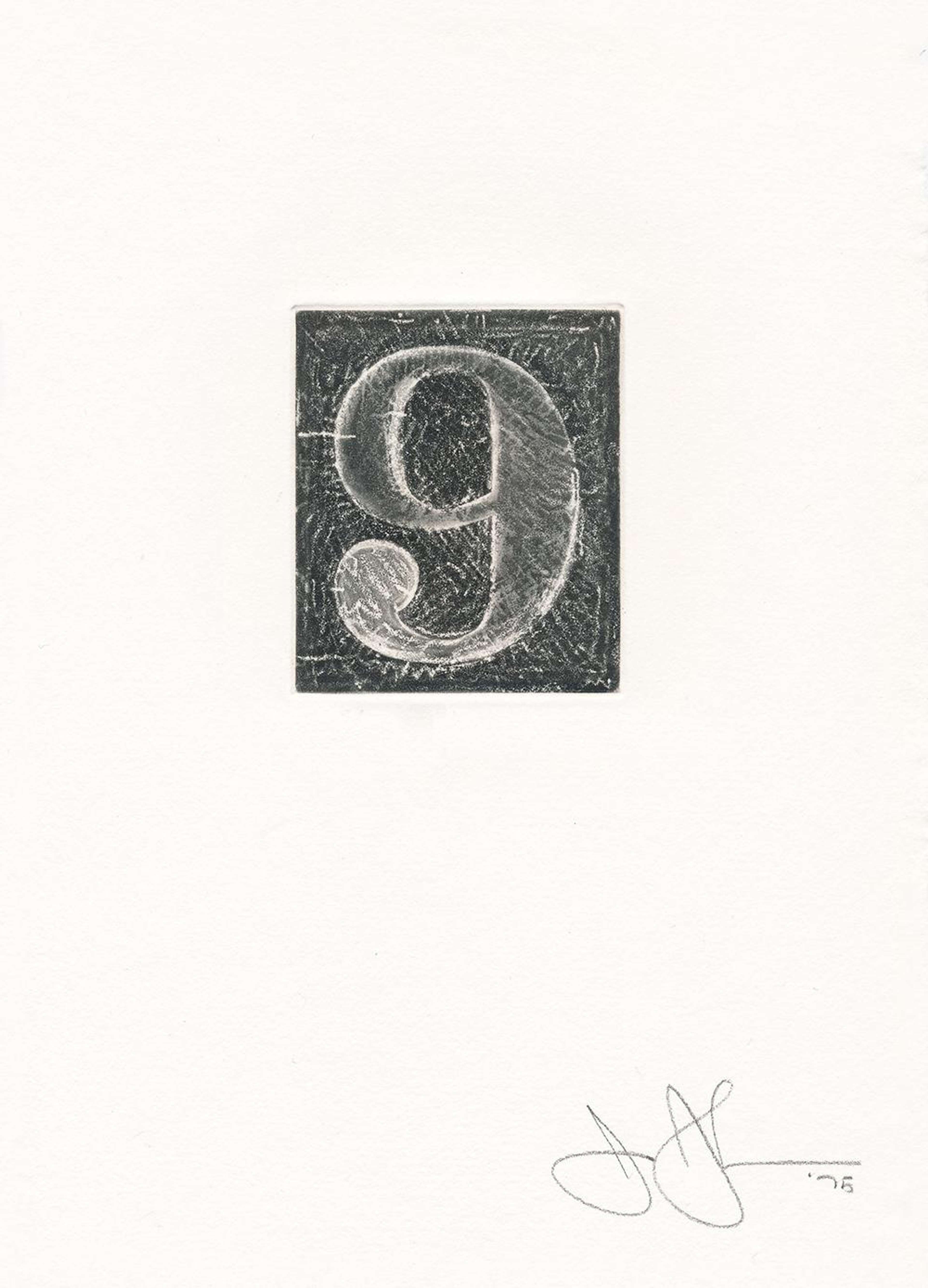 The number nine in a shade of grey against a dark grey background