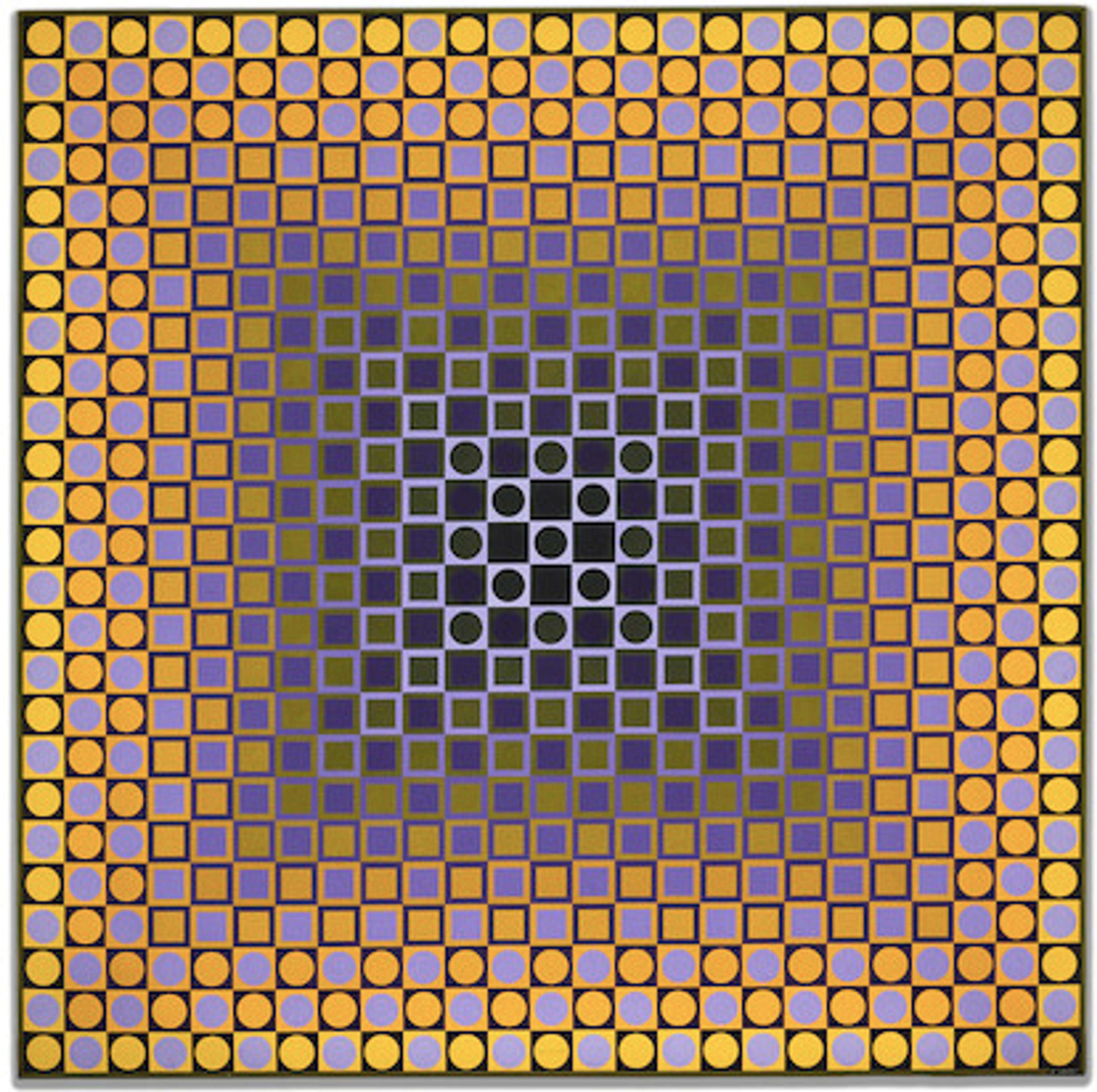  A square canvas made with varying shades of yellow and purple hues, used to fill in repeating shapes of squares and circles, creating an illusion of depth within the artwork.