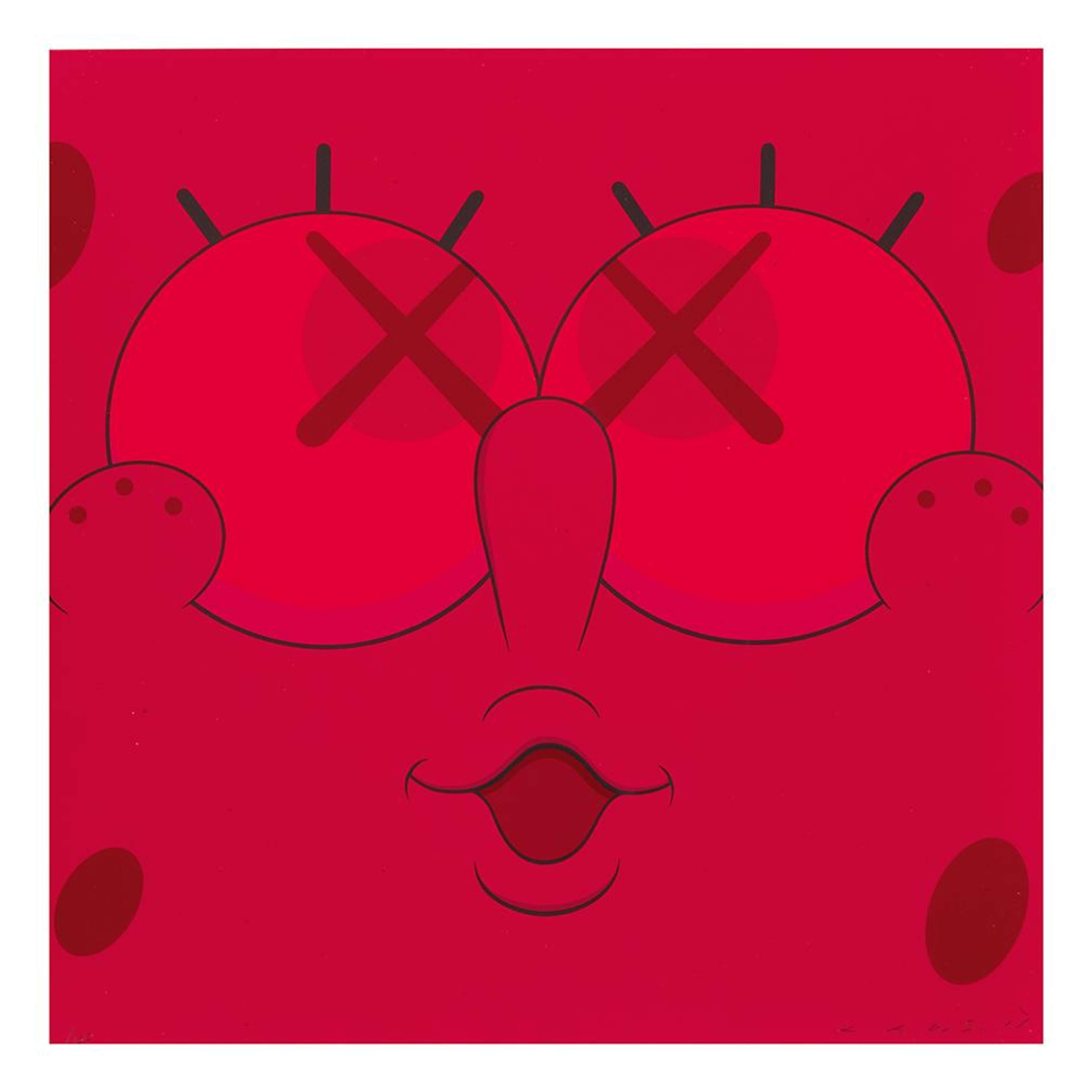 KAWS’ Kawsbob (red). A screenprint of the cartoon character, Spongebob, with crossed out eyes in red. 