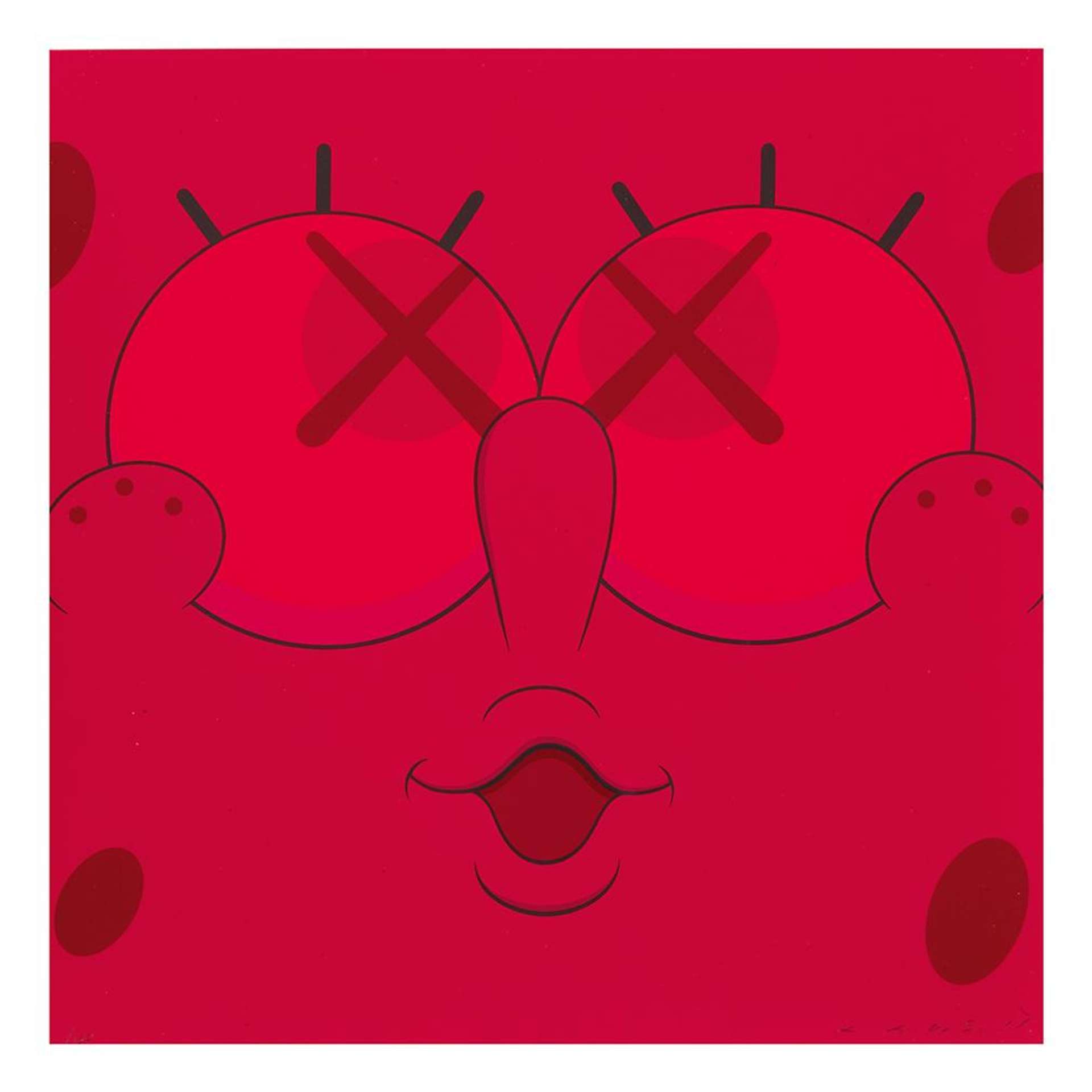 KAWS’ Kawsbob (red). A screenprint of the cartoon character, Spongebob, with crossed out eyes in red. 