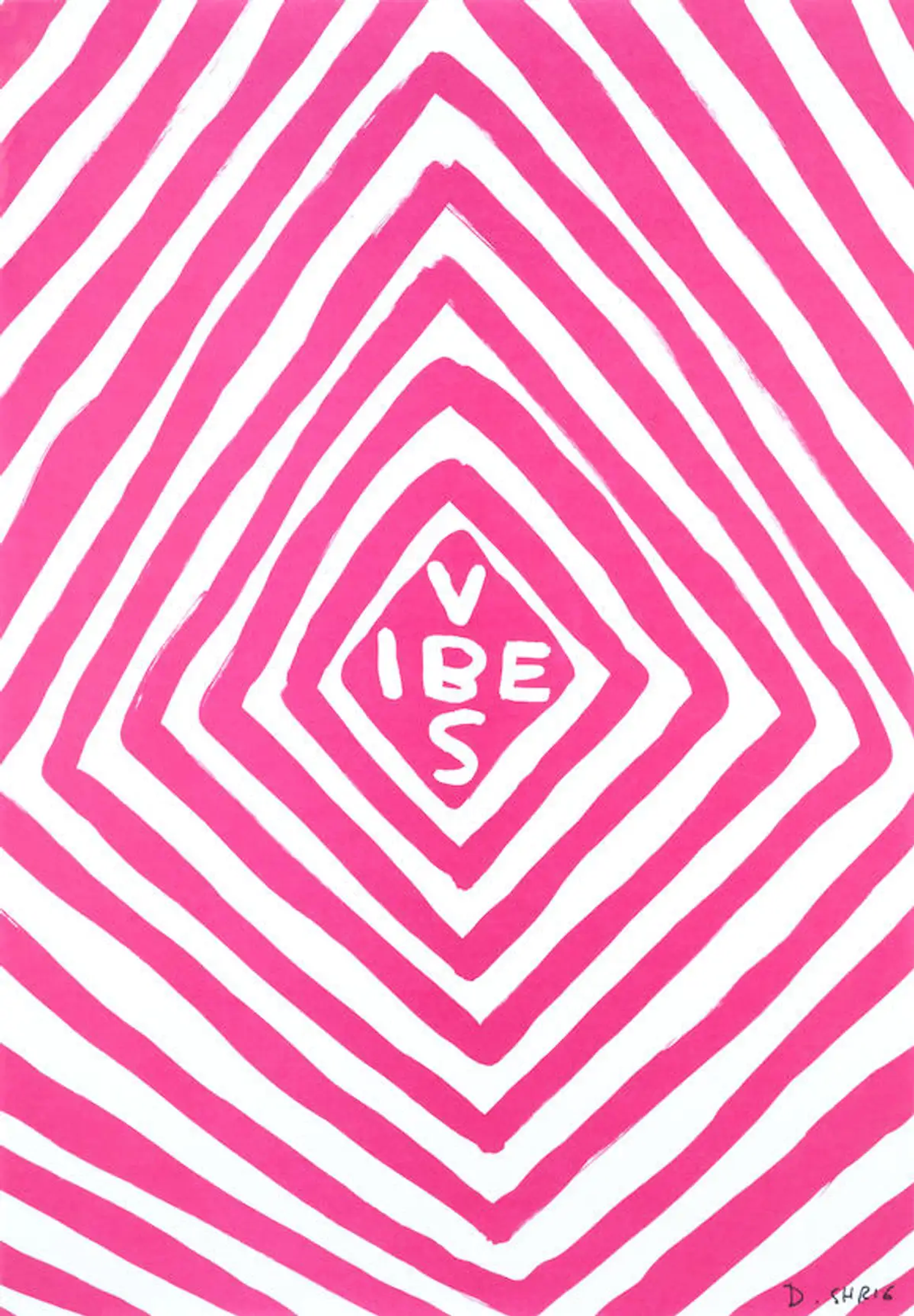 This work shows a series of lozenge-shaped pink lines, surrounding the word "vibes", tightly squeezed in the centre.