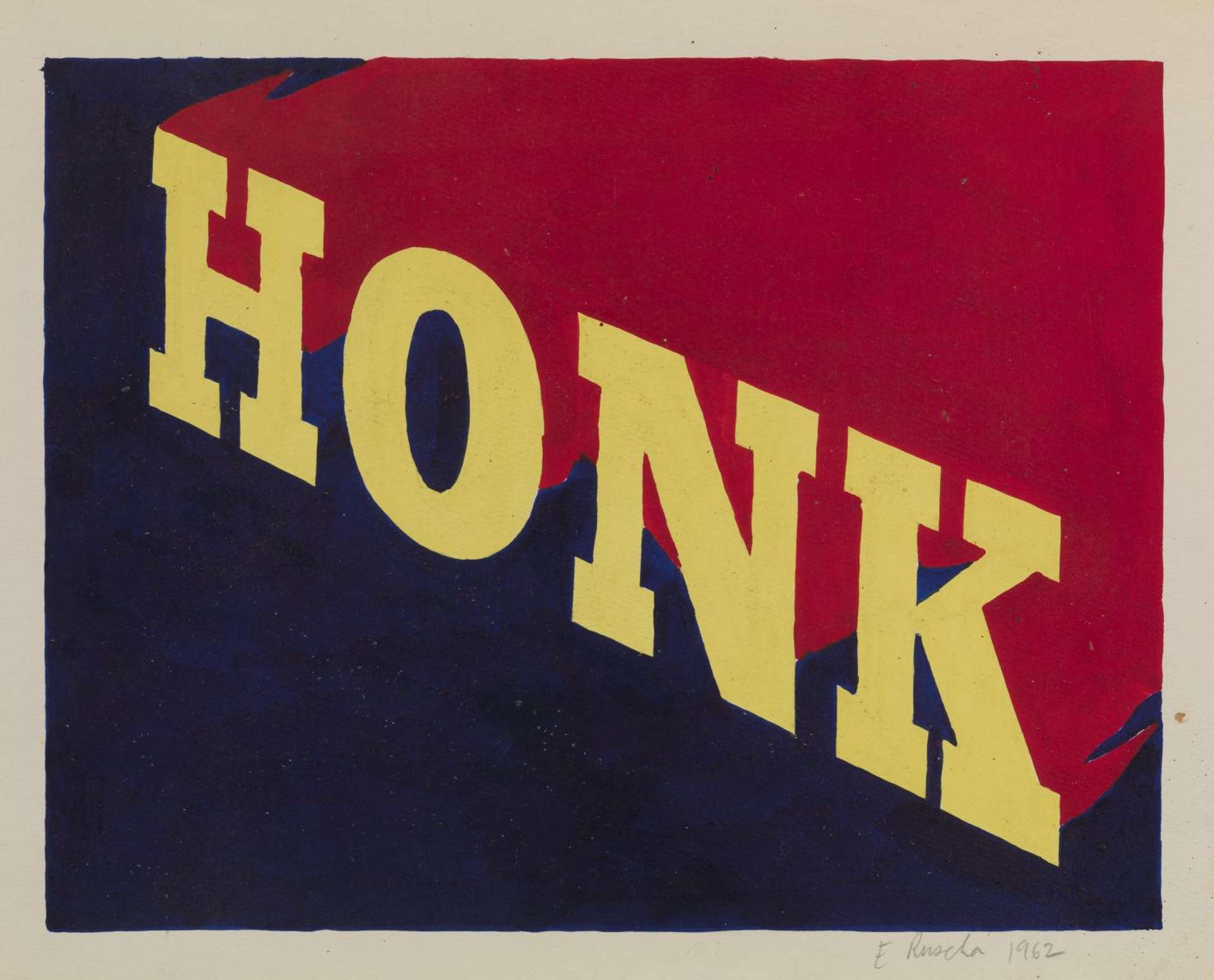 Painting by Ed Ruscha depicting the word 'HONK', in capitalised, diagonally inclined serif typography. The letters are painted in bright yellow and are set against a deep blue background. The letters are trailing an area of deep red that is perpendicular to the yellow lettering, giving a suggestion of depth within the picture plane.