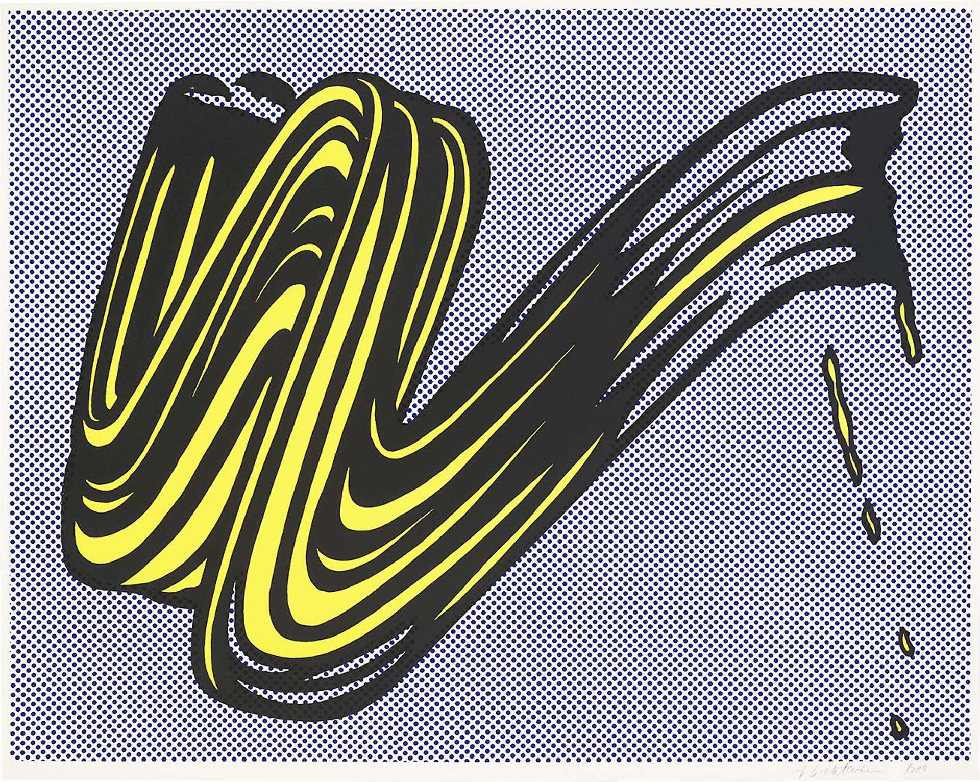 Lichtenstein centers his enlarged bright yellow brushstroke on a background composed of blue and white Ben Day dots. The flattened sporadic drips and splatters, and the trailing outlines defining the brushstroke add tone and dimension to the composition. At first glance, Lichtenstein’s brushstroke rendition appears to be devoid of explicit motion. Yet, the bold shadows resulting from the contours hold inherent suggestions of movement.