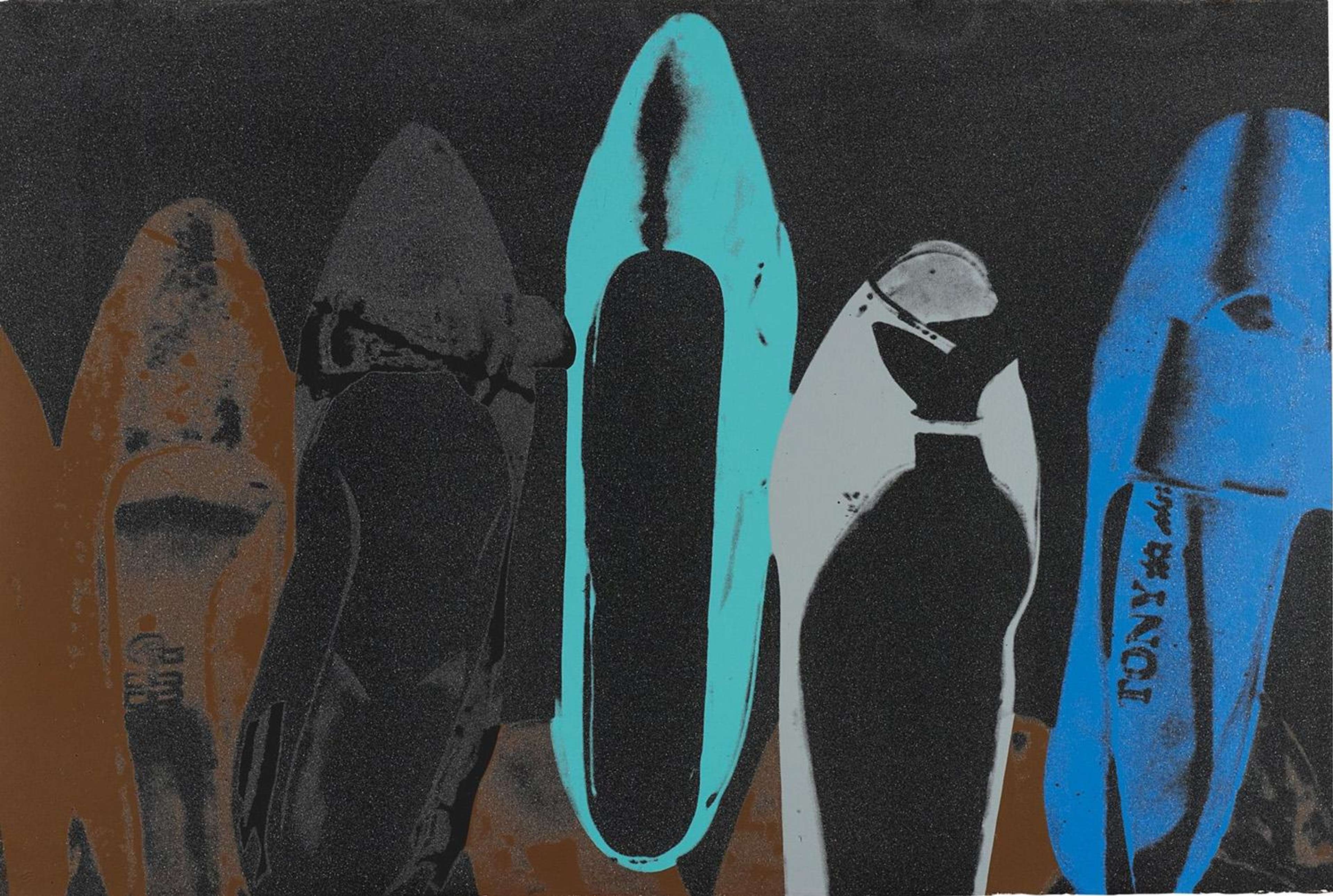 The print depicts five high heel shoes in a line, rendered in various cool colours against a black backdrop. Attention is drawn towards the bright turquoise shoe that occupies the centre of the composition. The shoes are bookended by a rusty orange shoe and a royal blue shoe. Spread over the canvas is a shimmering of diamond dust.