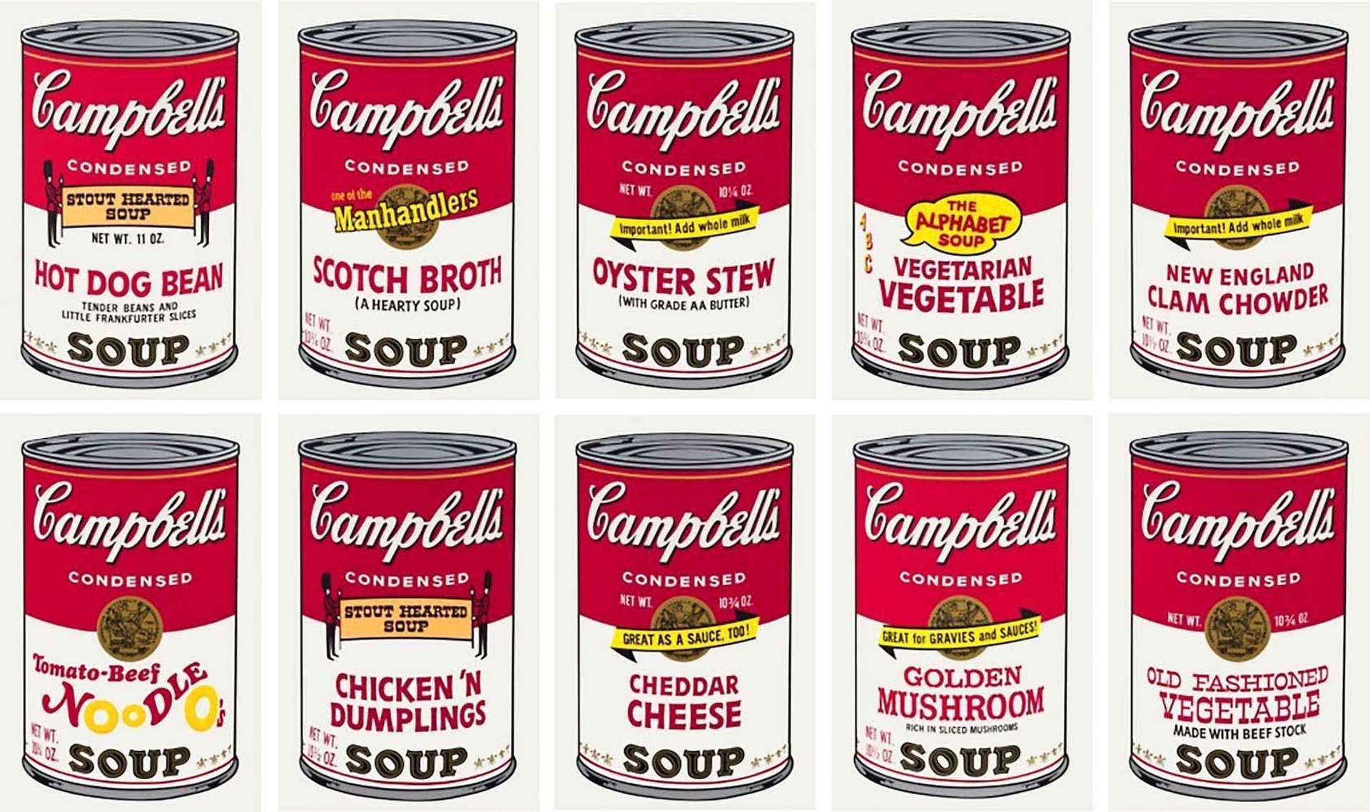 A complete set of Warhol's Campbell's Soup prints, showing several cans of Campbell's Soup in different flavours.