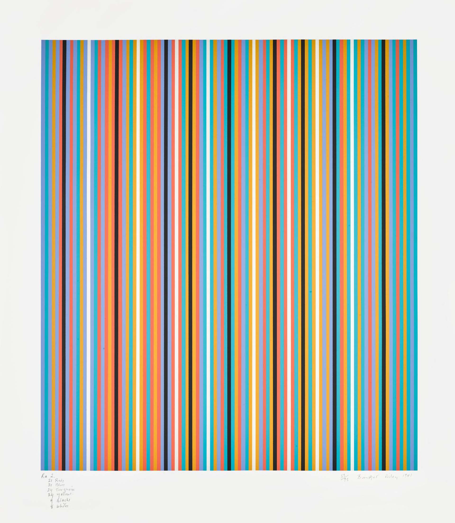 The print depicts a composition of successive vertical stripes rendered in bright colours. Blue, orange, green and red dominate the composition and the variation of colour and thickness amongst the lines makes this print very optically stimulating. 