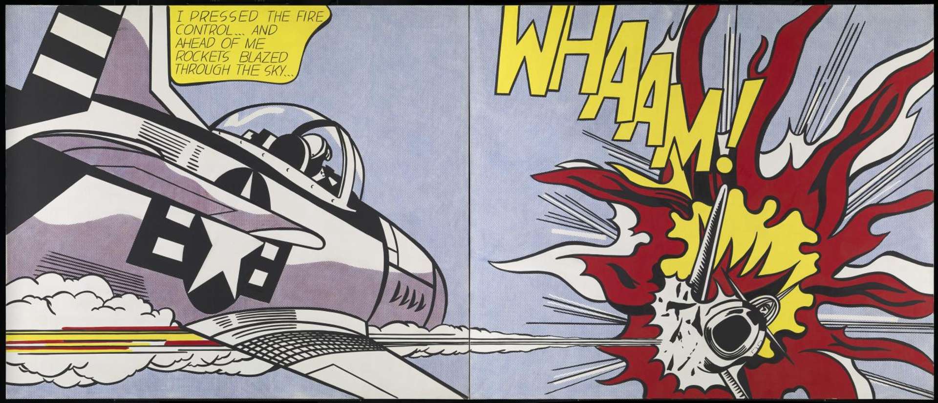An image of the artwork Whaam! By Roy Lichtenstein, showing two fighter jets engaged in combat. One of them has been hit, and flames are seen shooting out alongside the onomatopoeia Whaam!